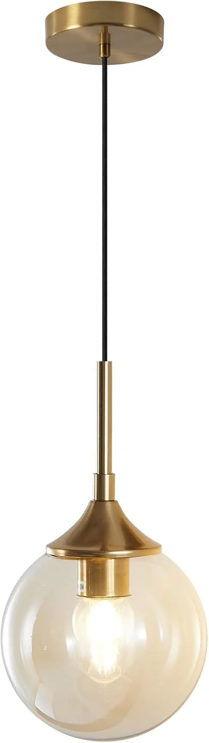 چراغ آویز مدرن KCO Lighting، لوستر آویز شیشه ای کهربایی، چراغ های آویز طلایی کروی، چراغ آویز برنجی برس خورده مناسب برای آشپزخانه، چراغ آویز بزرگ آشپزخانه بالای جزیره