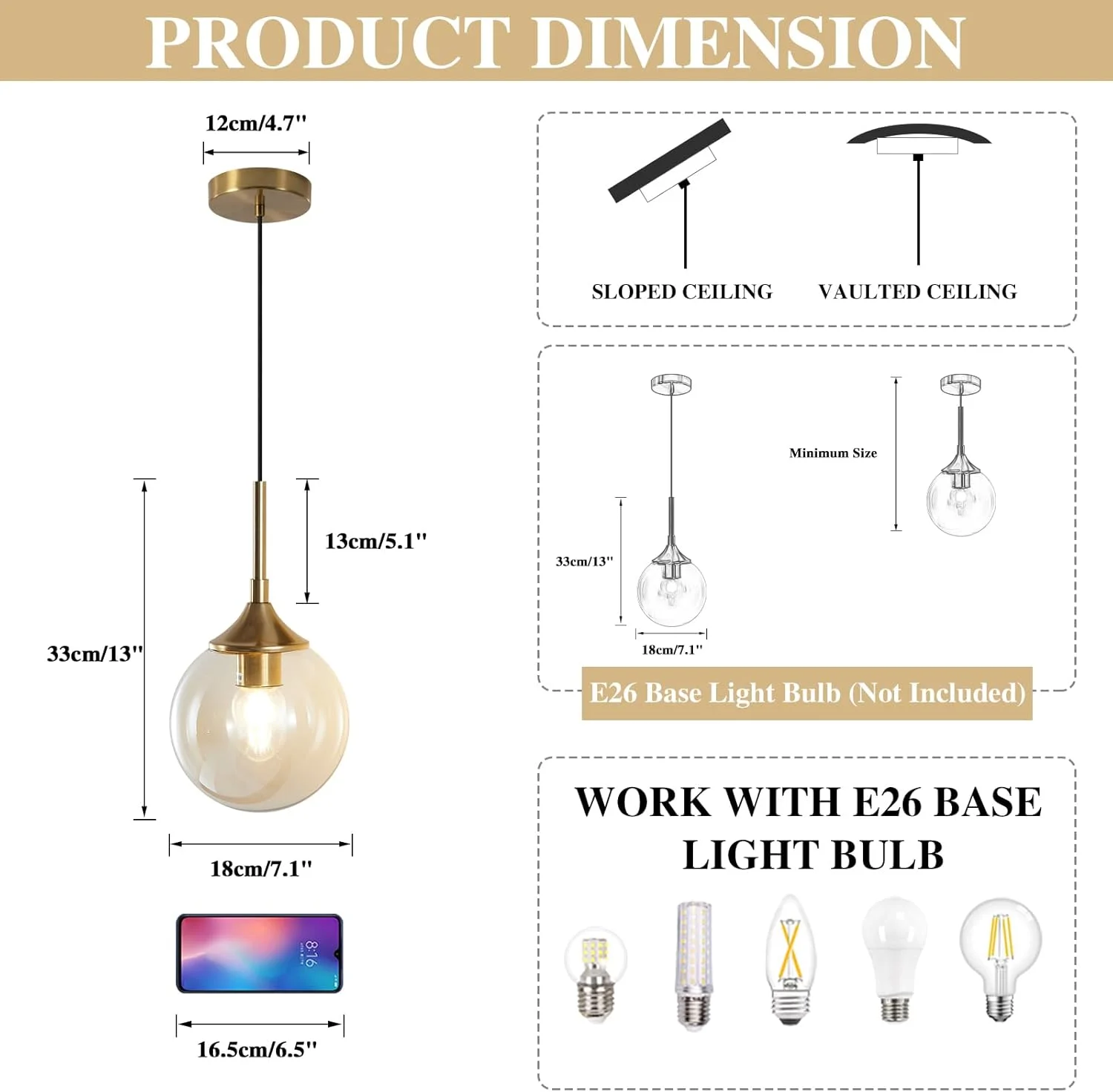 چراغ آویز مدرن KCO Lighting، لوستر آویز شیشه ای کهربایی، چراغ های آویز طلایی کروی، چراغ آویز برنجی برس خورده مناسب برای آشپزخانه، چراغ آویز بزرگ آشپزخانه بالای جزیره