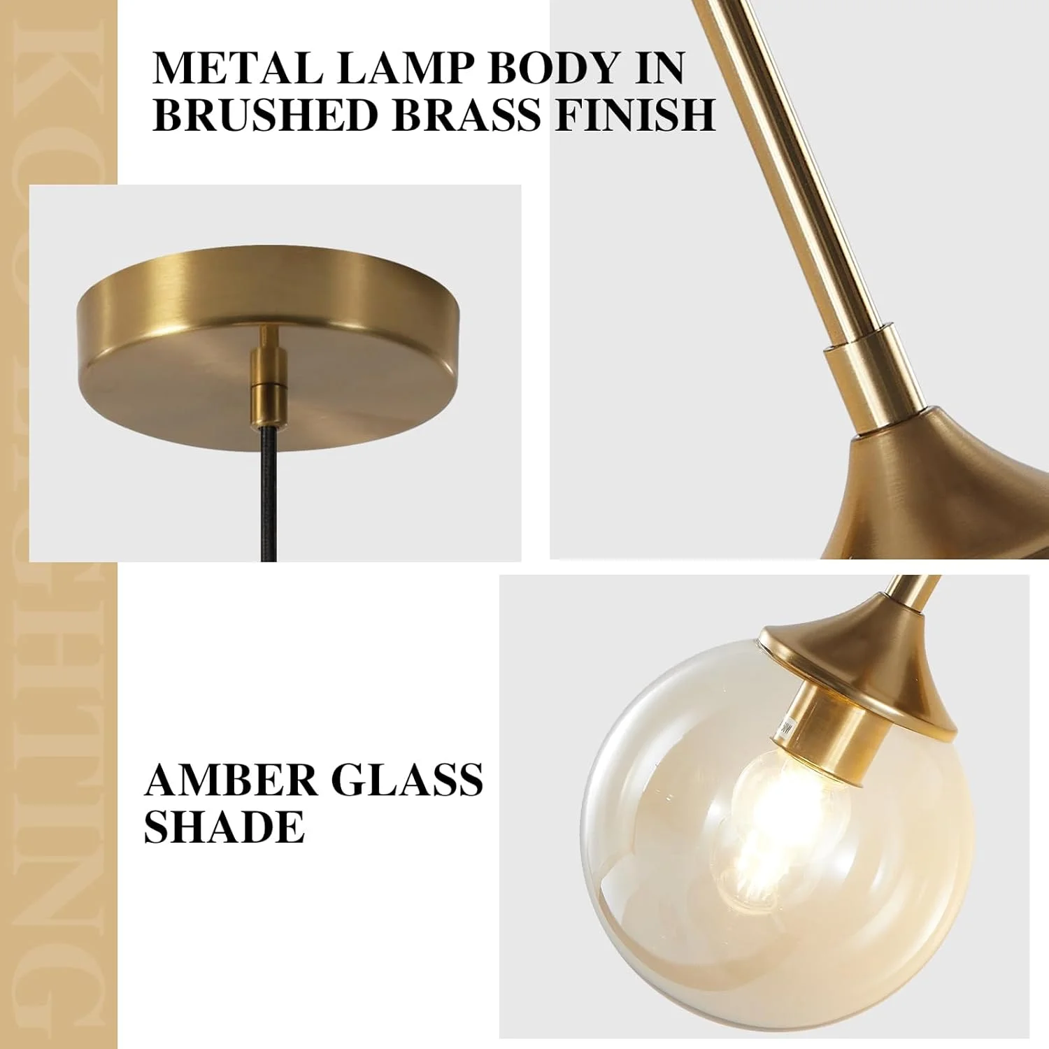 چراغ آویز مدرن KCO Lighting، لوستر آویز شیشه ای کهربایی، چراغ های آویز طلایی کروی، چراغ آویز برنجی برس خورده مناسب برای آشپزخانه، چراغ آویز بزرگ آشپزخانه بالای جزیره