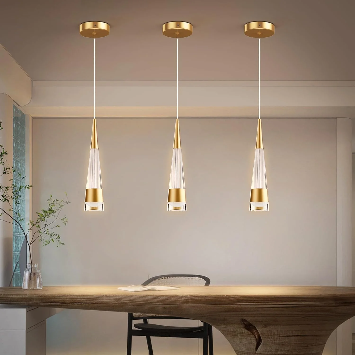 ست ۳ عددی چراغ آویز، چراغ سقفی کریستالی مخروطی مدرن، چراغ آویز گرم ۳۵۰۰ کلوین، لوستر وینتیج برای نورپردازی مینیمالیستی برای جزیره آشپزخانه، بار