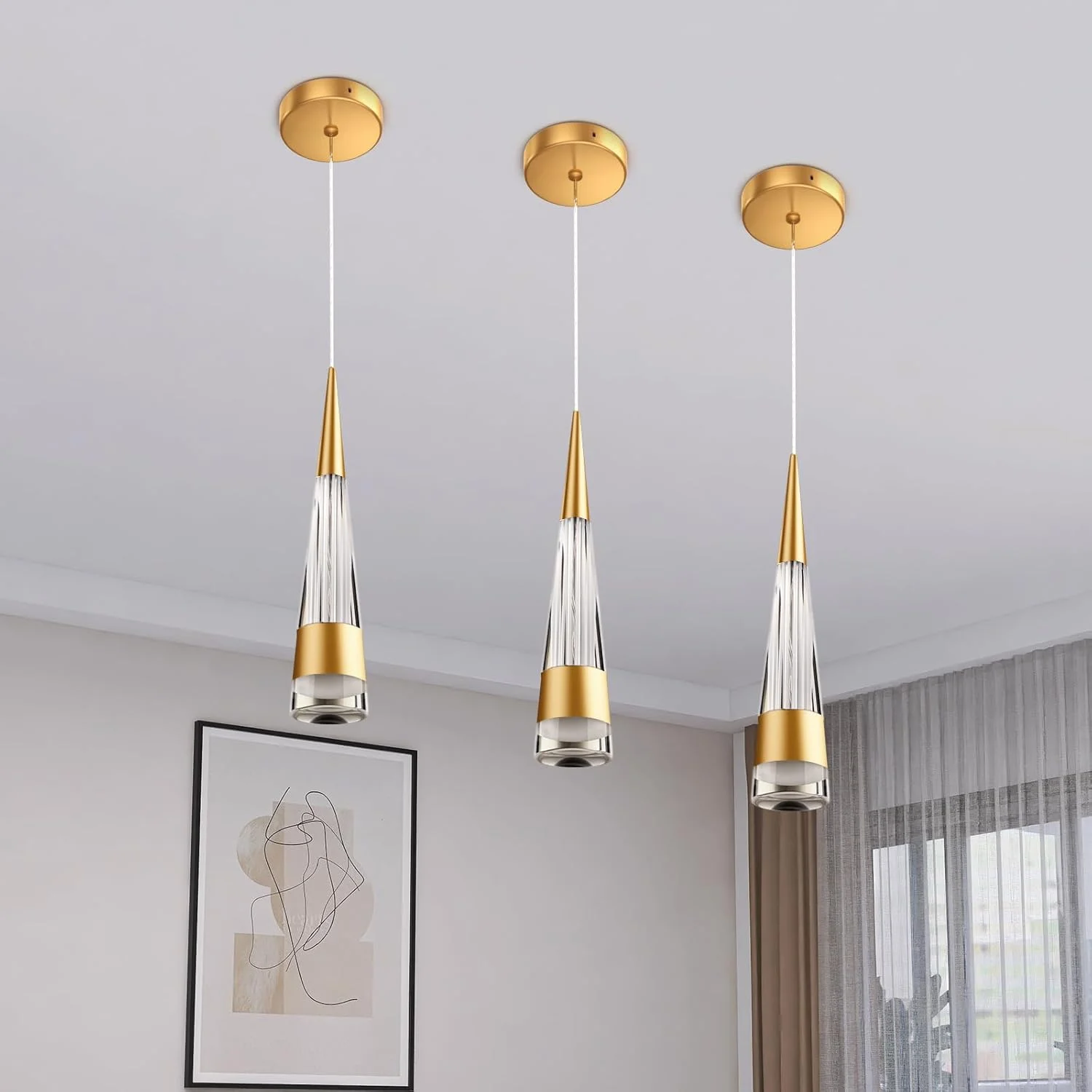 ست ۳ عددی چراغ آویز، چراغ سقفی کریستالی مخروطی مدرن، چراغ آویز گرم ۳۵۰۰ کلوین، لوستر وینتیج برای نورپردازی مینیمالیستی برای جزیره آشپزخانه، بار