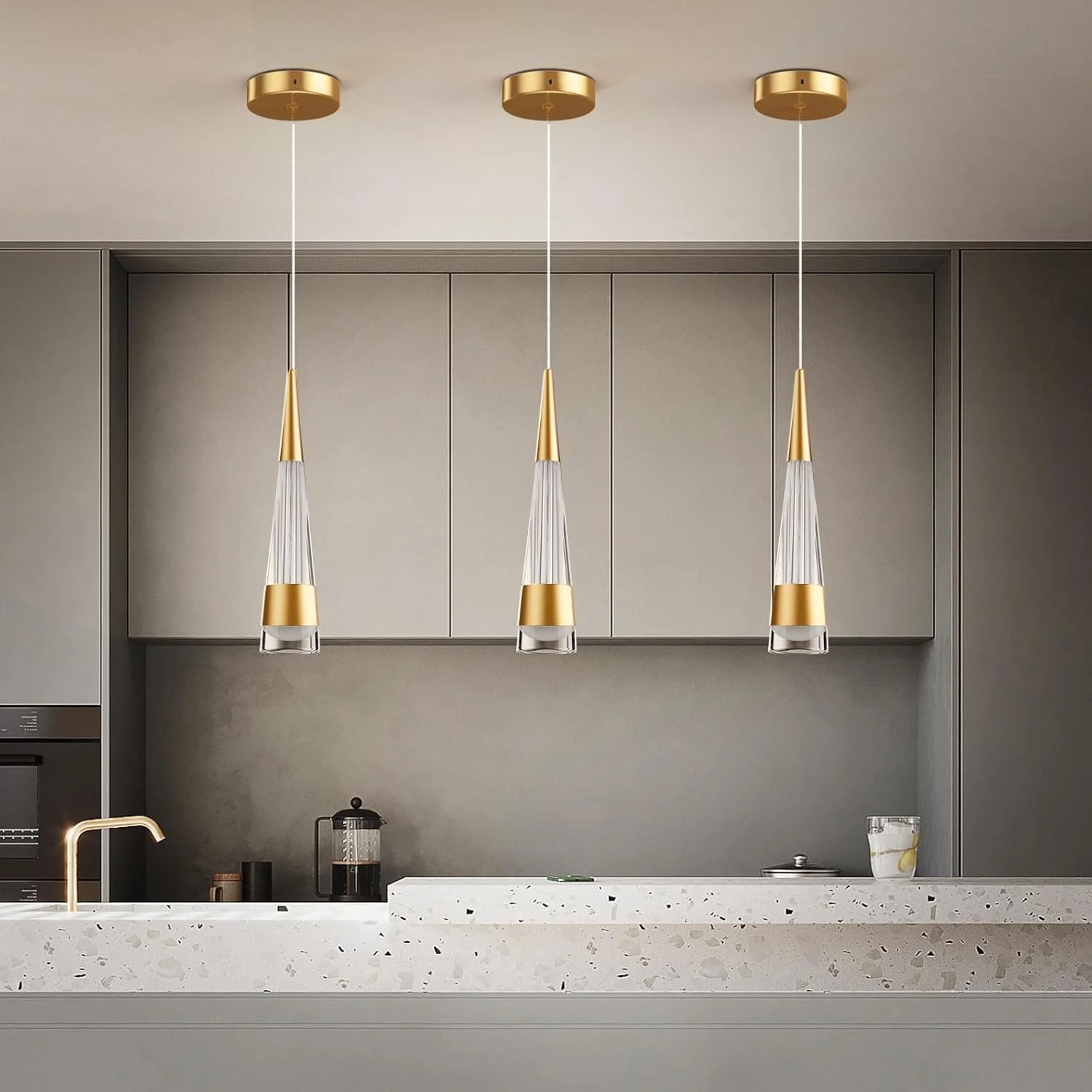 ست ۳ عددی چراغ آویز، چراغ سقفی کریستالی مخروطی مدرن، چراغ آویز گرم ۳۵۰۰ کلوین، لوستر وینتیج برای نورپردازی مینیمالیستی برای جزیره آشپزخانه، بار