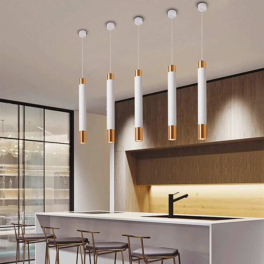 چراغ آویز آلومینیومی با روکش طلایی، چراغ آویز لوله ای بلند خلاقانه، نورپردازی آویز جزیره آشپزخانه مینیمالیستی، چراغ های آویز تزئینی صنعتی 3 وات LED