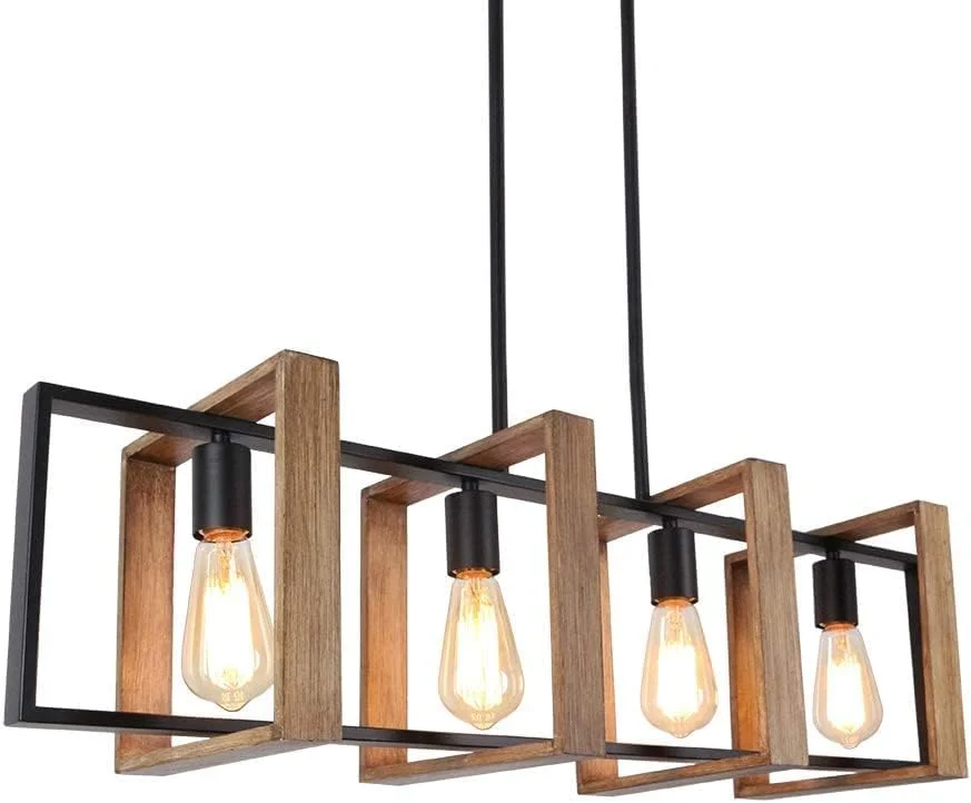 چراغ جزیره آشپزخانه، لوستر 4 شاخه اتاق غذاخوری به سبک روستایی، چراغ آویز مدرن مشکی، چراغ میز بیلیارد، با روکش چوب و فلز مشکی مات (4 شاخه، چوب)