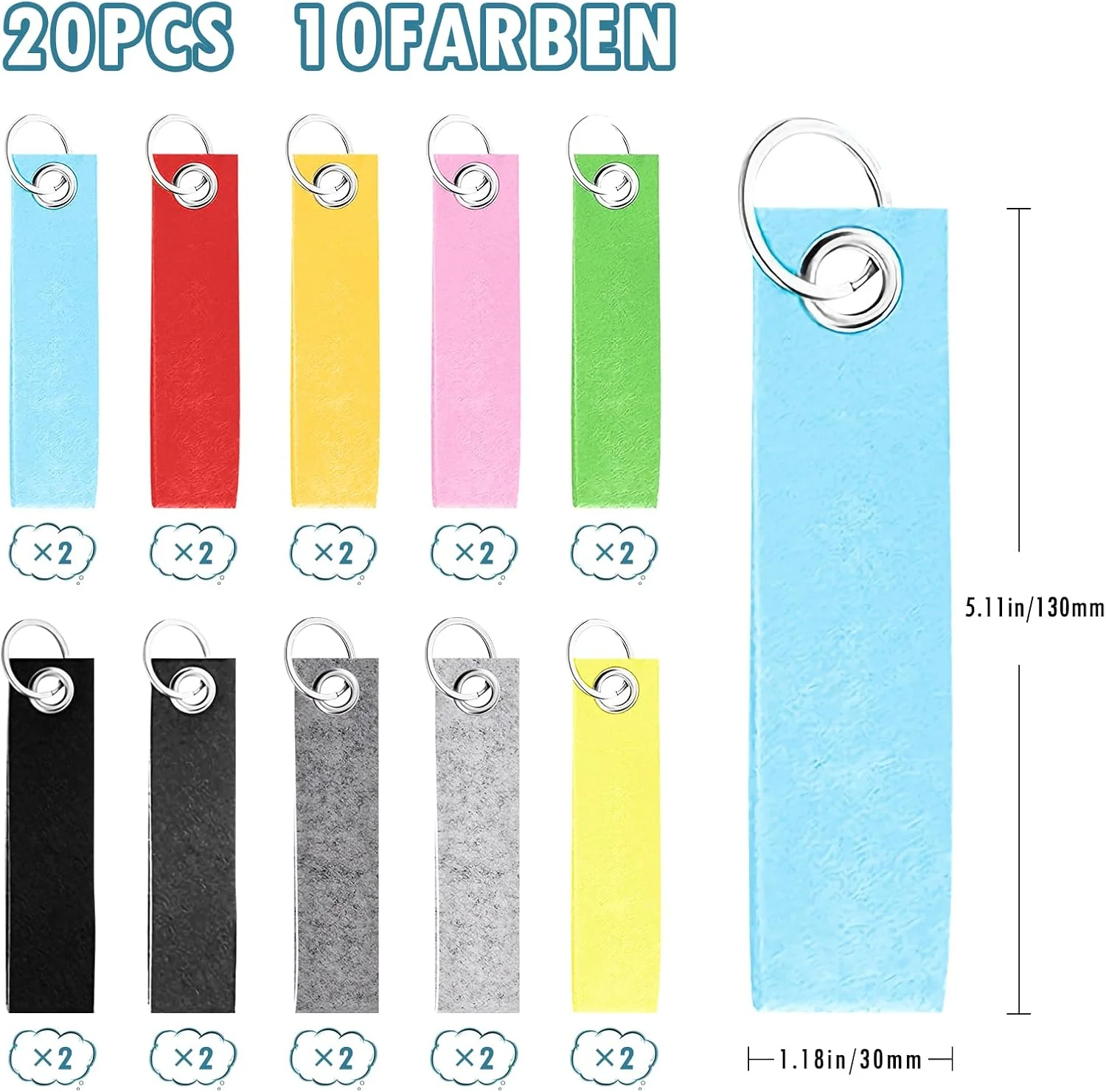 جاکلیدی نمدی مسن، 20 عدد جاکلیدی خام DIY، آویز جاکلیدی 10 رنگ برای کلید، کیف دستی، کیف پول، لوازم جانبی تزئینی