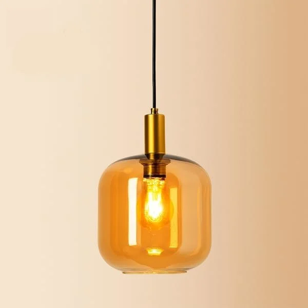 چراغ آویز شیشه ای مدرن، سازگار با لامپ ادیسونی، سایه کهربایی با سخت افزار طلایی