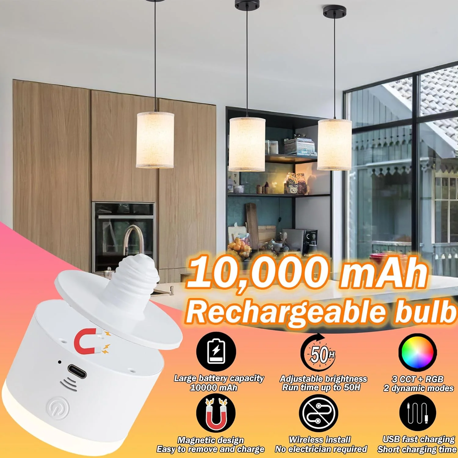 چراغ آویز با باتری و کنترل از راه دور، چراغ آویز بی سیم بدون نیاز به سیم کشی، بسته 3 عددی چراغ آویز پارچه ای برای جزیره آشپزخانه، لوستر باتری خور با لامپ های قابل شارژ با 30 ساعت عمر باتری