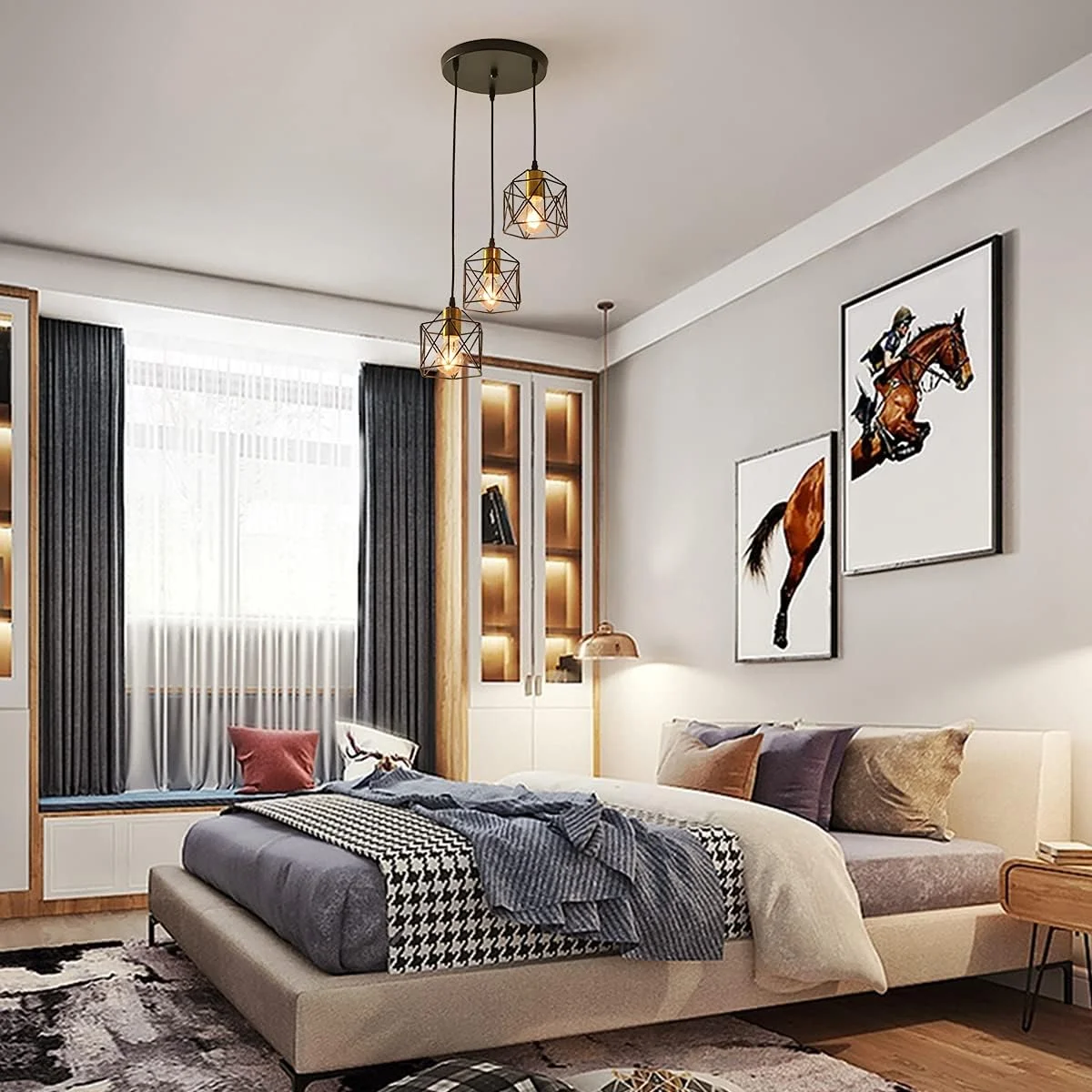 چراغ آویز صنعتی Oninio، لوستر قفس فلزی 3-شاخه به سبک قدیمی، چراغ آویز سقفی مشکی قابل تنظیم، روشنایی آویز عتیقه طلایی برای جزیره آشپزخانه، اتاق غذاخوری، بار