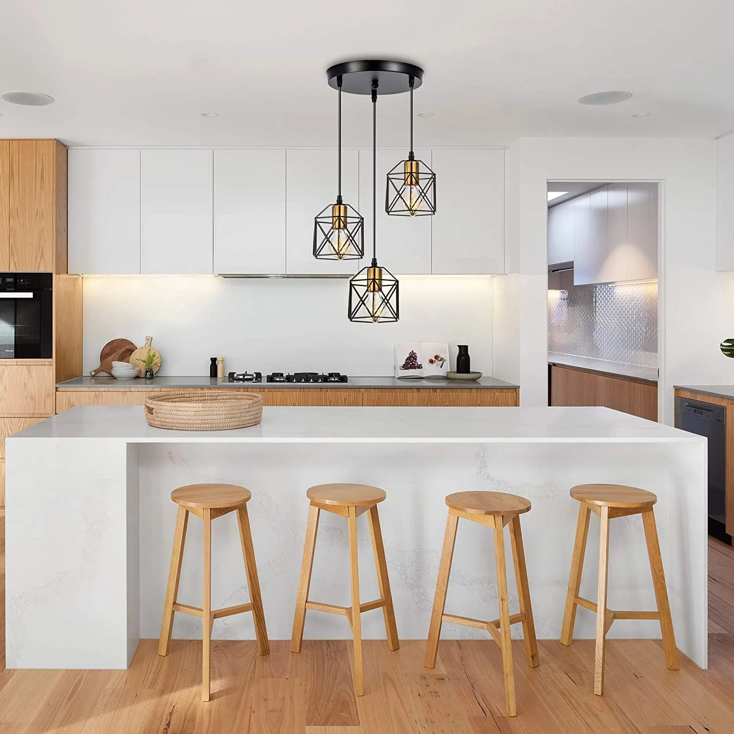 چراغ آویز صنعتی Oninio، لوستر قفس فلزی 3-شاخه به سبک قدیمی، چراغ آویز سقفی مشکی قابل تنظیم، روشنایی آویز عتیقه طلایی برای جزیره آشپزخانه، اتاق غذاخوری، بار