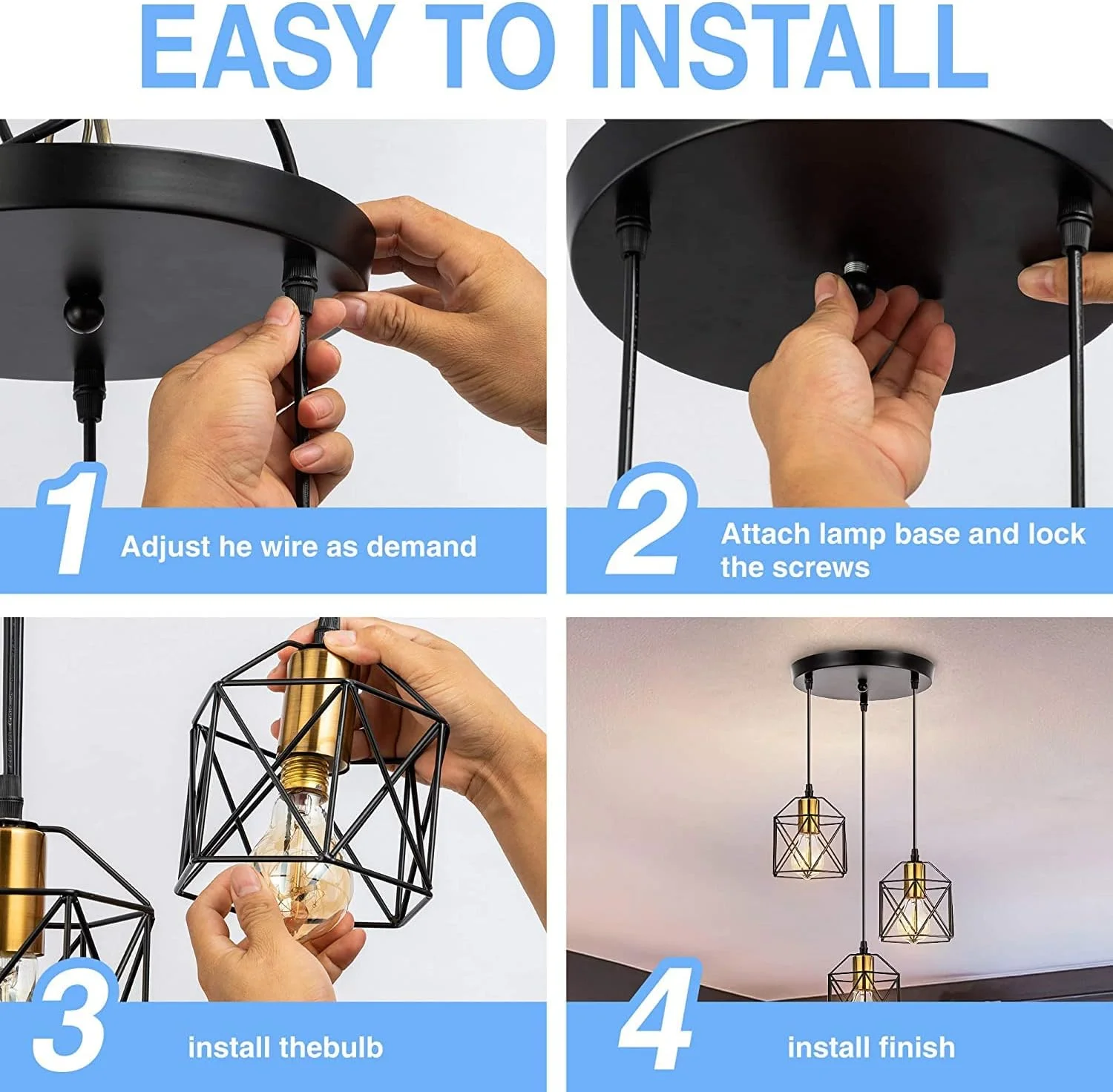 چراغ آویز صنعتی Oninio، لوستر قفس فلزی 3-شاخه به سبک قدیمی، چراغ آویز سقفی مشکی قابل تنظیم، روشنایی آویز عتیقه طلایی برای جزیره آشپزخانه، اتاق غذاخوری، بار