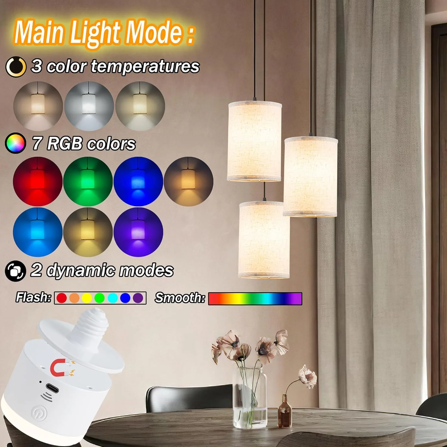 چراغ آویز با باتری و کنترل از راه دور، چراغ آویز بی سیم بدون نیاز به سیم کشی، بسته 3 عددی چراغ آویز پارچه ای برای جزیره آشپزخانه، لوستر باتری خور با لامپ های قابل شارژ با 30 ساعت عمر باتری