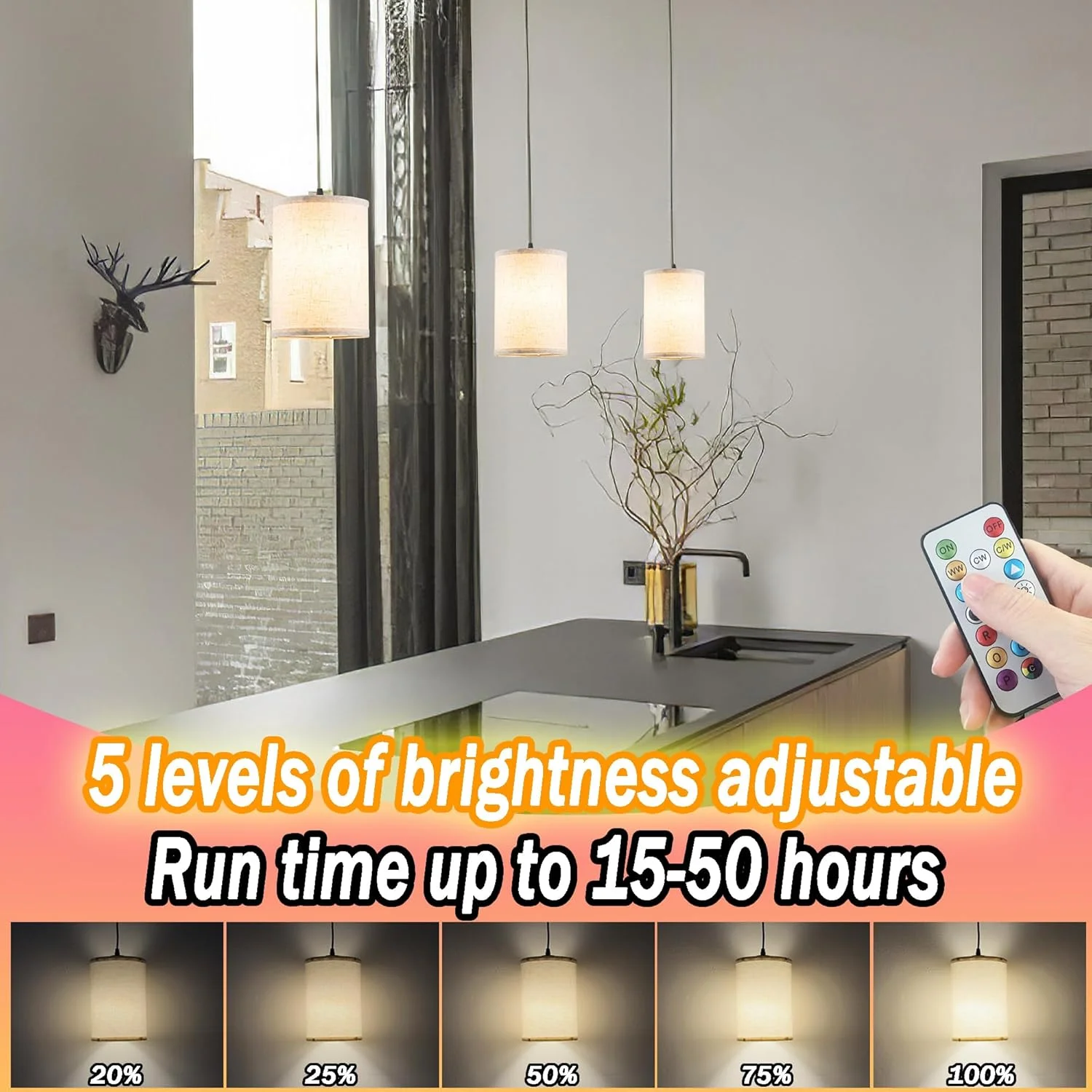 چراغ آویز با باتری و کنترل از راه دور، چراغ آویز بی سیم بدون نیاز به سیم کشی، بسته 3 عددی چراغ آویز پارچه ای برای جزیره آشپزخانه، لوستر باتری خور با لامپ های قابل شارژ با 30 ساعت عمر باتری