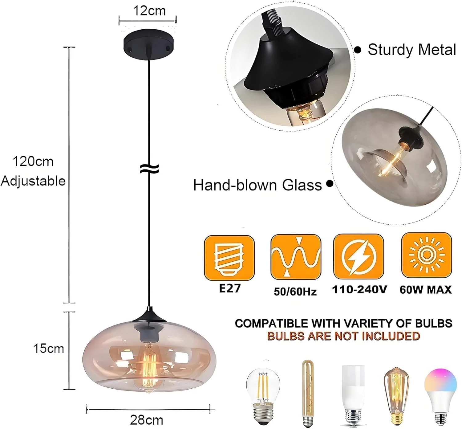 چراغ آویز با حباب شیشه ای 28 سانتی متری، چراغ آویز سقفی E27 3000K به سبک صنعتی و قدیمی مناسب برای آشپزخانه، ناهارخوری و اتاق نشیمن، رنگ کهربایی