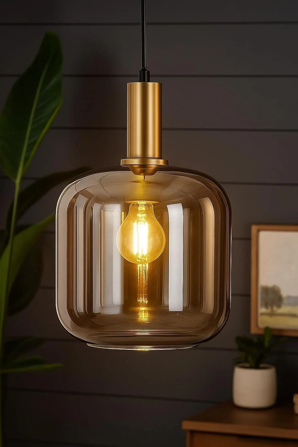 چراغ آویز شیشه ای مدرن، سایه دودی خاکستری با اتصالات برنجی، چراغ آویز تکی، چراغ های آویز قابل طراحی برای اتاق خواب، غذاخوری، هتل ها، استراحتگاه ها