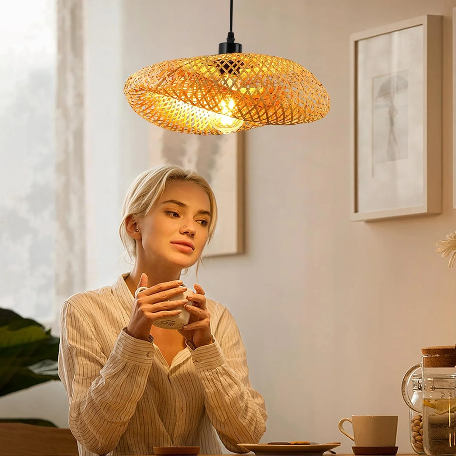 چراغ آویز بامبو، چراغ سقفی آویز بامبو طبیعی بافته شده، چراغ های آویز بافتنی E27، روشنایی آویز خلاقانه سقفی برای اتاق ناهار خوری، اتاق نشیمن، رستوران - 40 سانتی متر