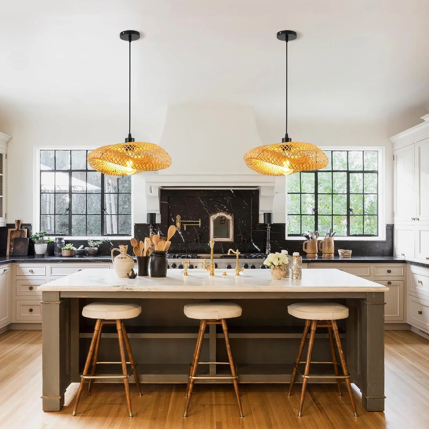 چراغ آویز بامبو، چراغ سقفی آویز بامبو طبیعی بافته شده، چراغ های آویز بافتنی E27، روشنایی آویز خلاقانه سقفی برای اتاق ناهار خوری، اتاق نشیمن، رستوران - 40 سانتی متر