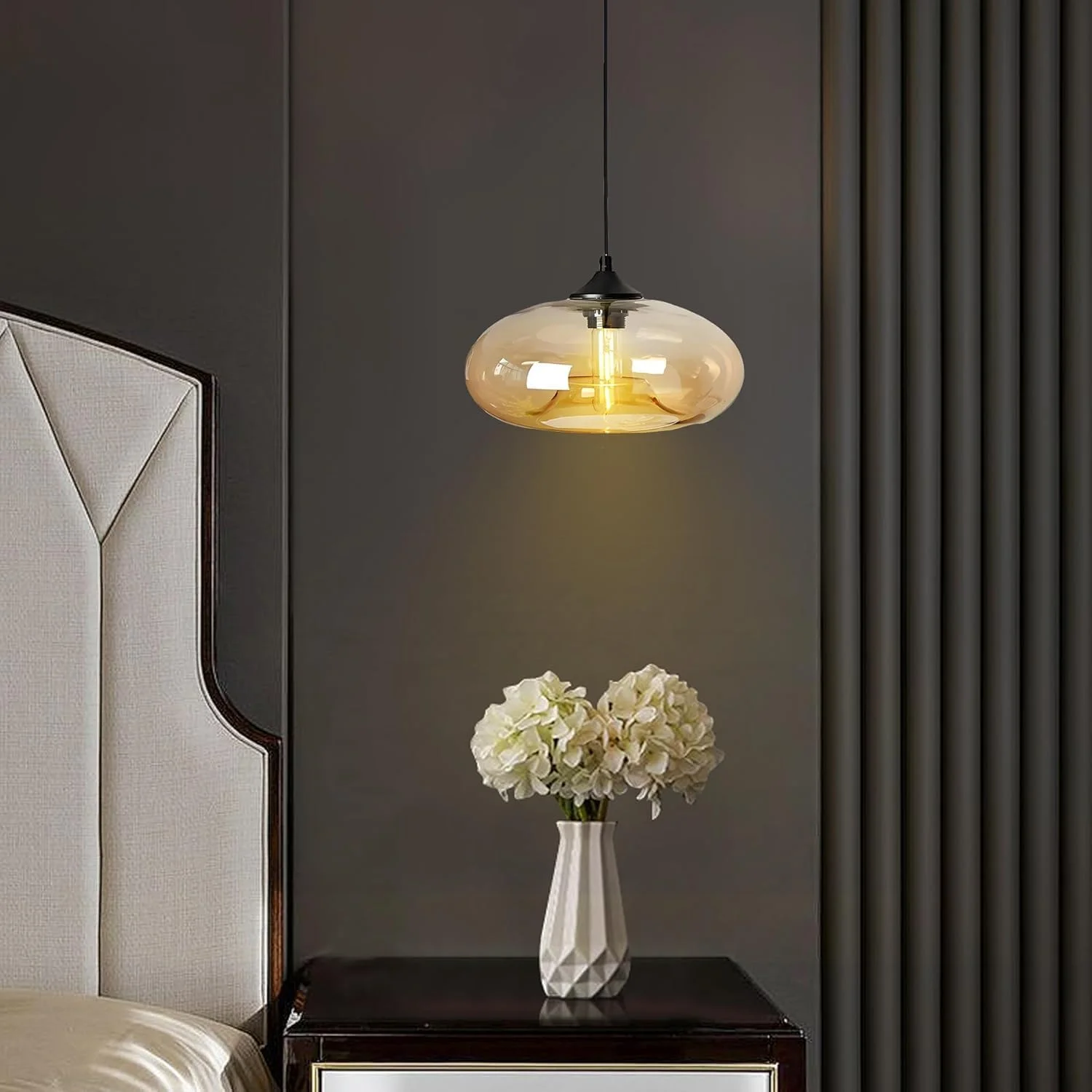 چراغ آویز با حباب شیشه ای 28 سانتی متری، چراغ آویز سقفی E27 3000K به سبک صنعتی و قدیمی مناسب برای آشپزخانه، ناهارخوری و اتاق نشیمن، رنگ کهربایی