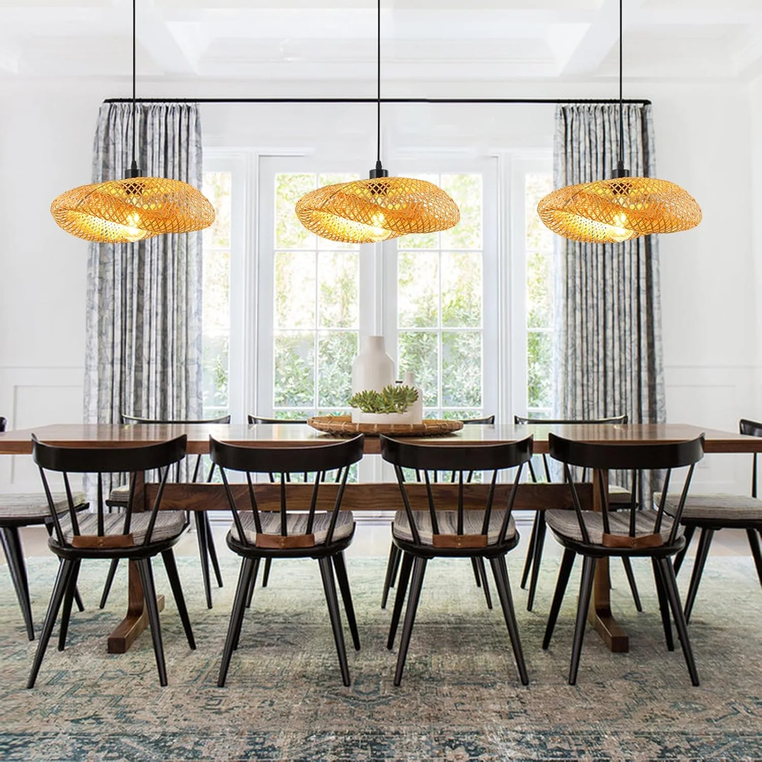 چراغ آویز بامبو، چراغ سقفی آویز بامبو طبیعی بافته شده، چراغ های آویز بافتنی E27، روشنایی آویز خلاقانه سقفی برای اتاق ناهار خوری، اتاق نشیمن، رستوران - 40 سانتی متر