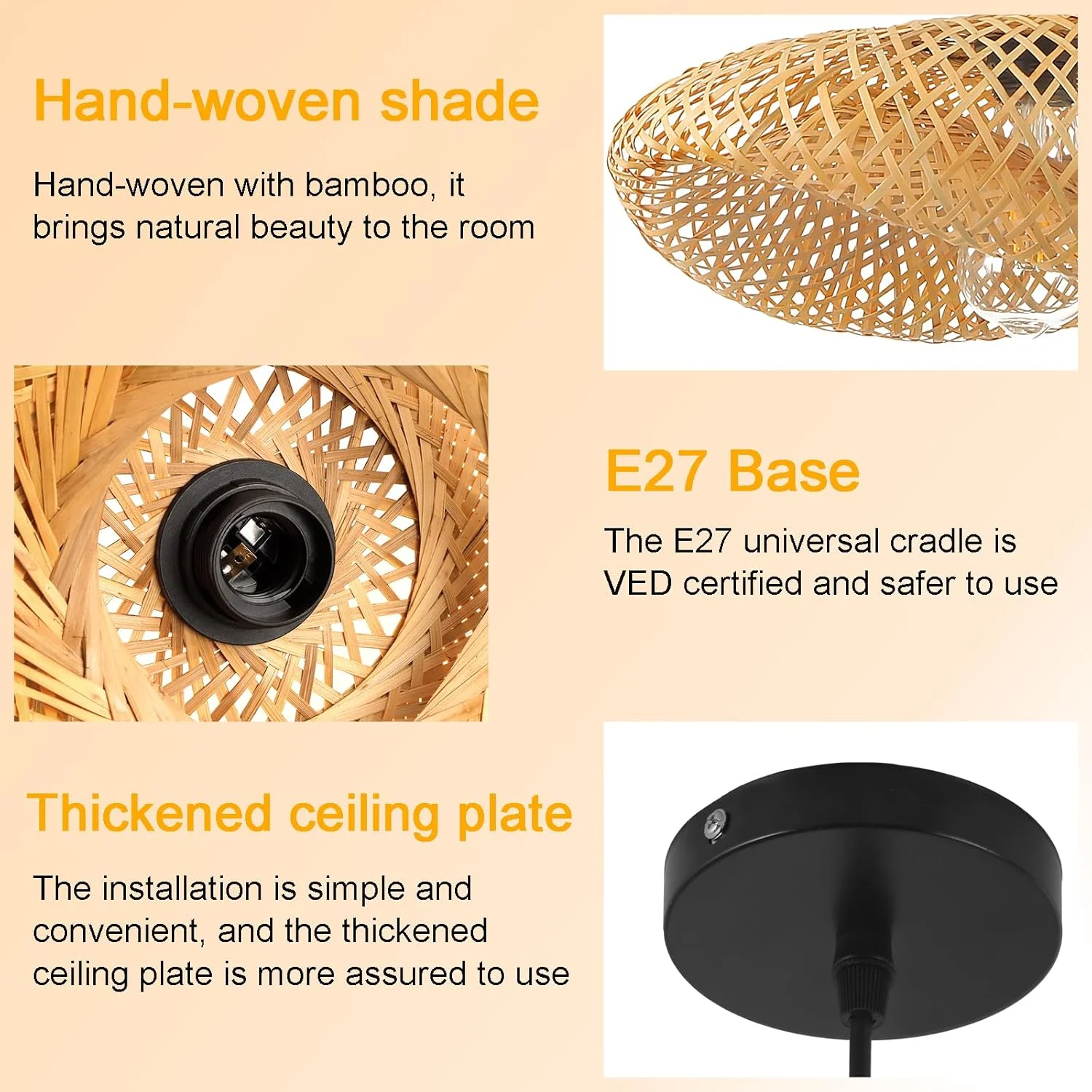 چراغ آویز بامبو، چراغ سقفی آویز بامبو طبیعی بافته شده، چراغ های آویز بافتنی E27، روشنایی آویز خلاقانه سقفی برای اتاق ناهار خوری، اتاق نشیمن، رستوران - 40 سانتی متر