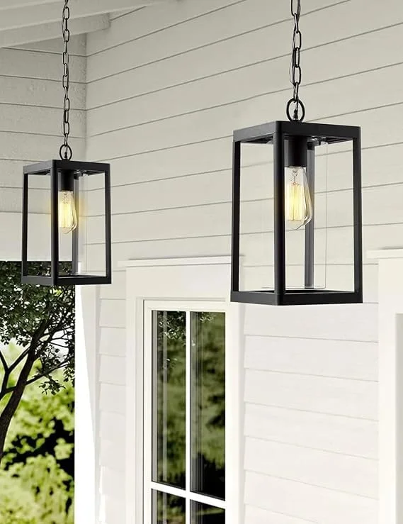 چراغ آویز فانوسی بیرونی، چراغ آویز مشکی رنگ برای فضای باز، شیشه شفاف چراغ آویز فانوسی بیرونی، چراغ آویز مشکی رنگ برای فضای باز، شیشه شفاف