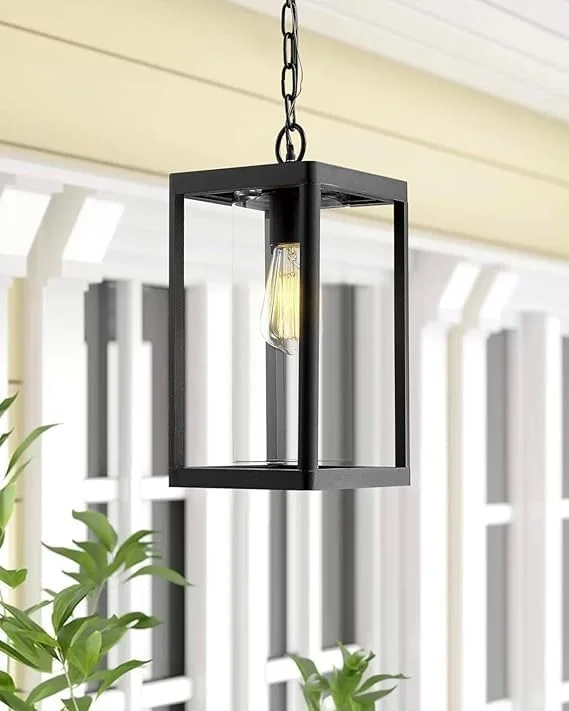 چراغ آویز فانوسی بیرونی، چراغ آویز مشکی رنگ برای فضای باز، شیشه شفاف چراغ آویز فانوسی بیرونی، چراغ آویز مشکی رنگ برای فضای باز، شیشه شفاف