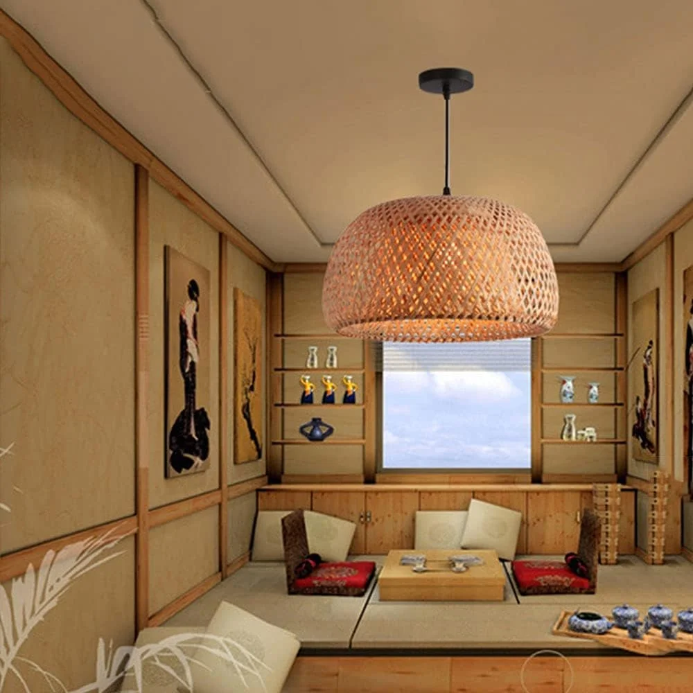 چراغ آویز حصیری، روشنایی آویز بافته شده به شکل لانه پرنده با سیم قابل تنظیم، لوستر بافته شده از بامبو طبیعی، چراغ آویز سقفی اتاق نشیمن برای اتاق غذاخوری، بار، کافه