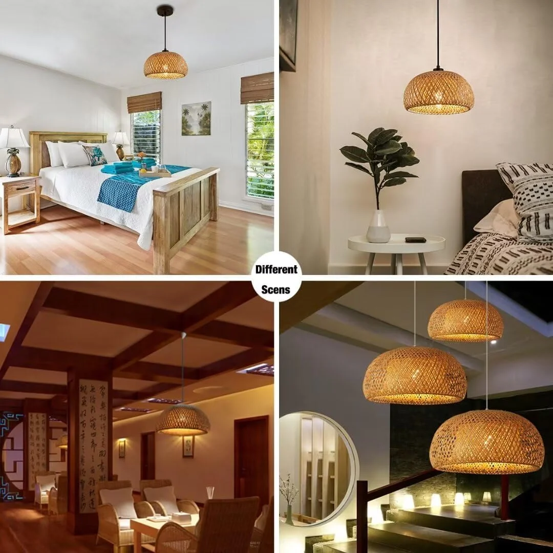 چراغ آویز حصیری، روشنایی آویز بافته شده به شکل لانه پرنده با سیم قابل تنظیم، لوستر بافته شده از بامبو طبیعی، چراغ آویز سقفی اتاق نشیمن برای اتاق غذاخوری، بار، کافه