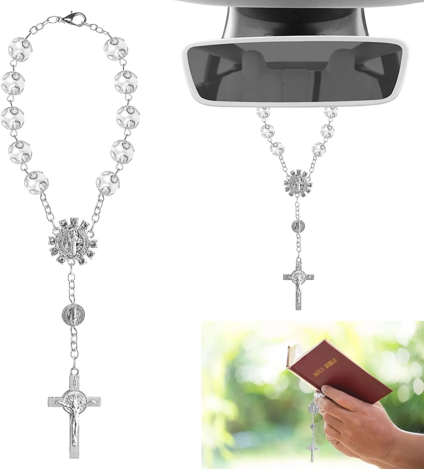 تسبیح صلیب آویز خودرو برای آینه دید عقب، زنجیر دعا تزئینی برای آینه داخلی خودرو، آفتاب گیر، طلسم خوش شانسی در خودرو، هدیه برای رانندگان، آویز آینه دید عقب خودرو