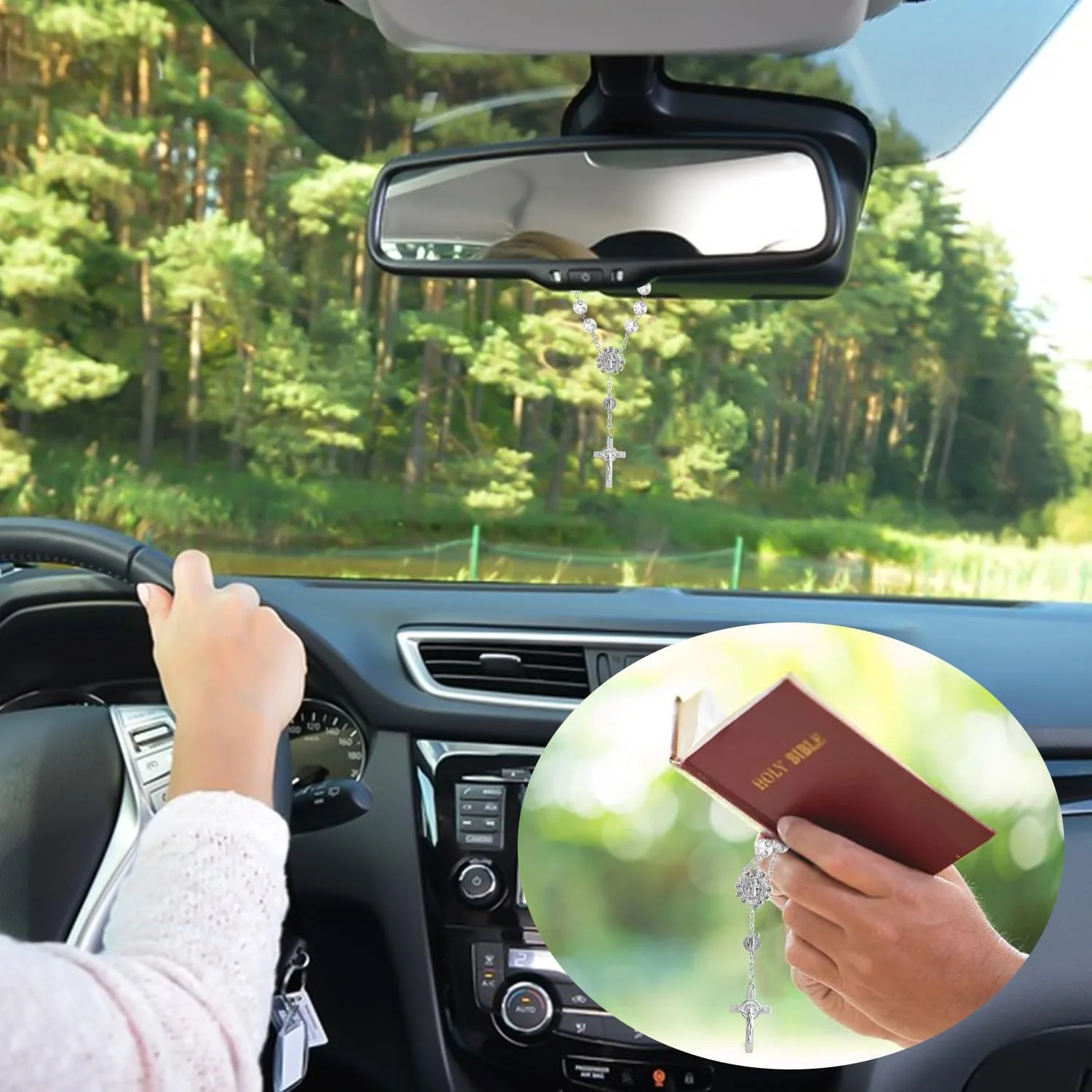 تسبیح صلیب آویز خودرو برای آینه دید عقب، زنجیر دعا تزئینی برای آینه داخلی خودرو، آفتاب گیر، طلسم خوش شانسی در خودرو، هدیه برای رانندگان، آویز آینه دید عقب خودرو