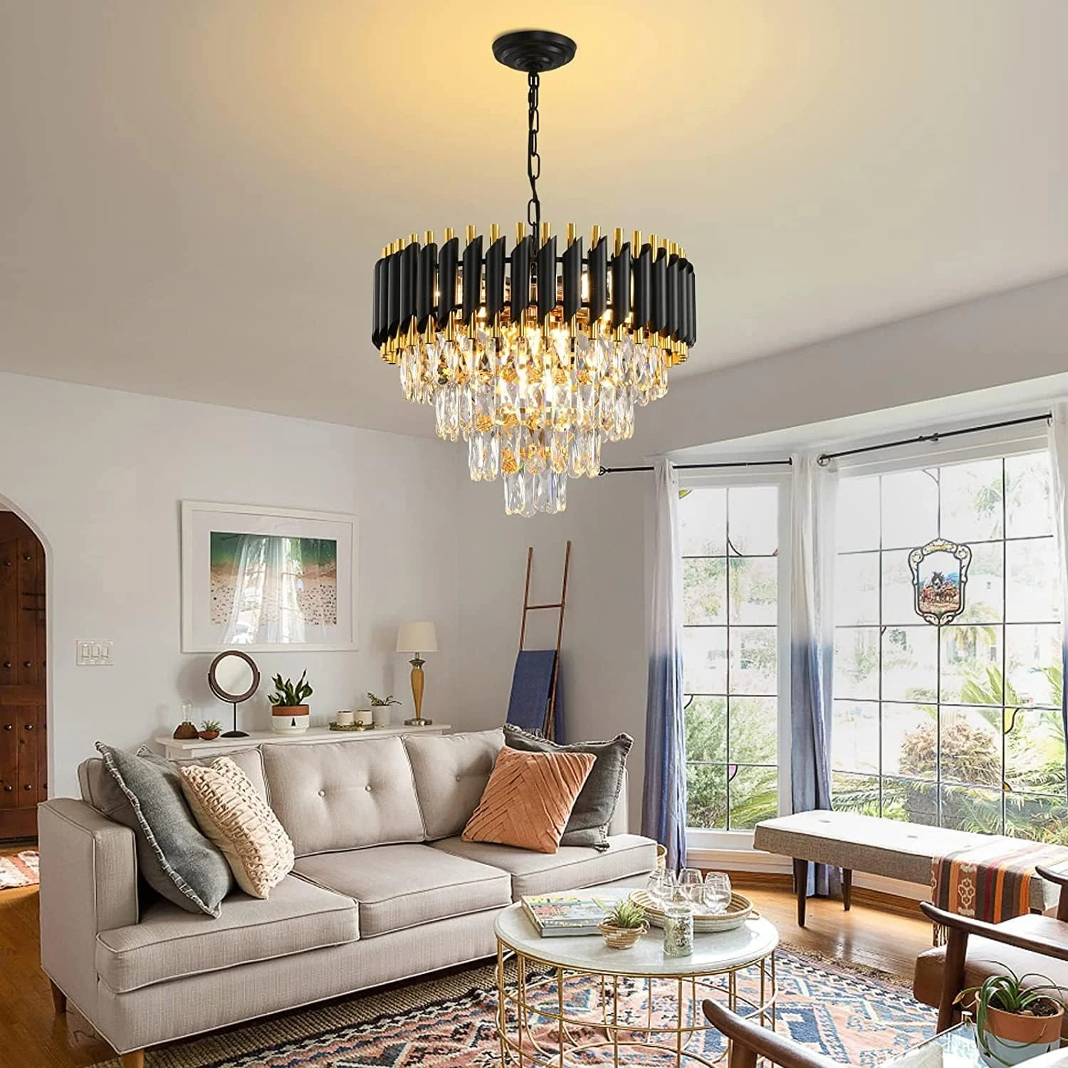 لوستر کریستالی طلایی مشکی مدرن SINOMAN، چراغ سقفی LED تزئینی برای سالن/اتاق نشیمن/اتاق خواب/ورودی/مراسم/عروسی/استراحتگاه/باشگاه (LED داخلی) (قطر: 20 اینچ)
