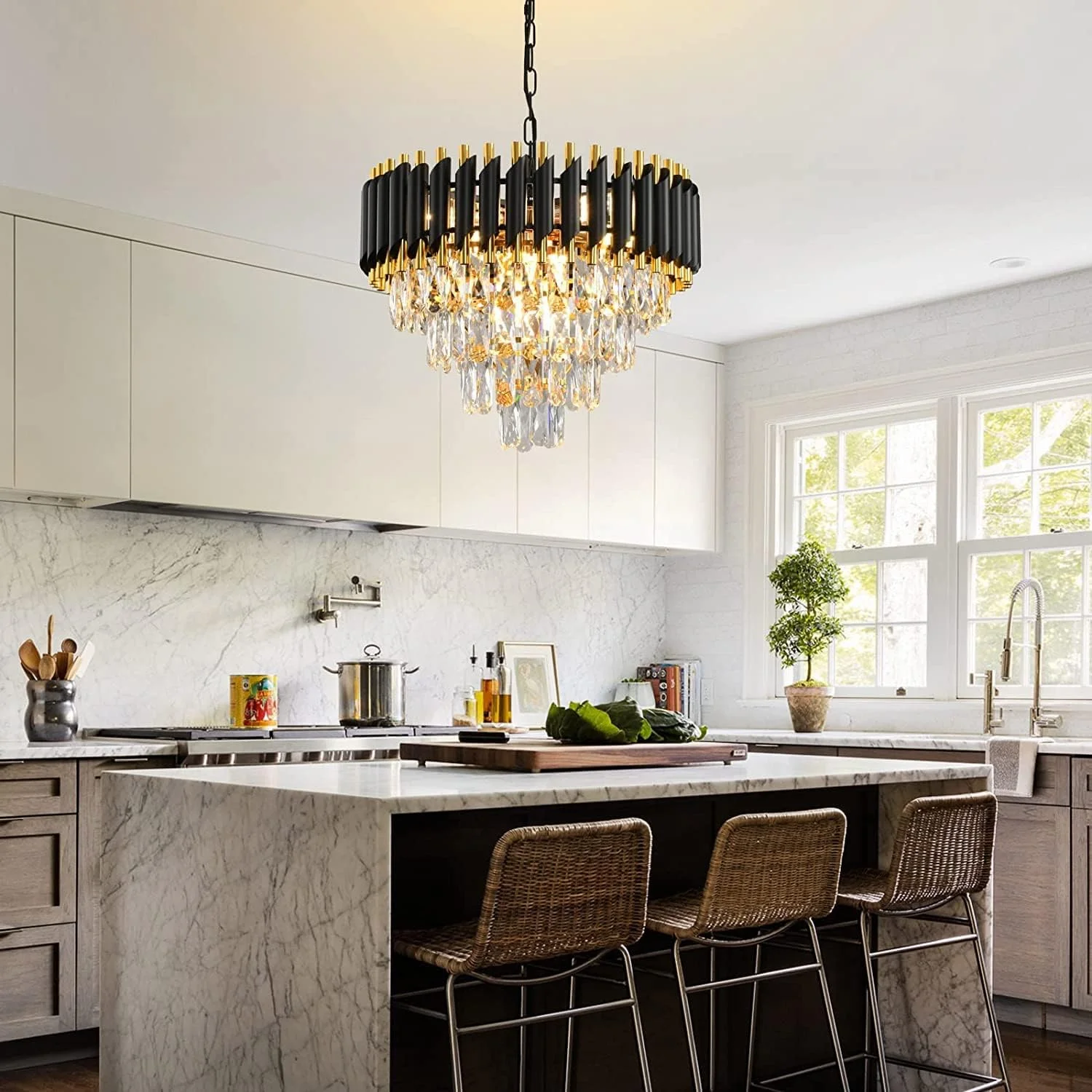 لوستر کریستالی طلایی مشکی مدرن SINOMAN، چراغ سقفی LED تزئینی برای سالن/اتاق نشیمن/اتاق خواب/ورودی/مراسم/عروسی/استراحتگاه/باشگاه (LED داخلی) (قطر: 20 اینچ)