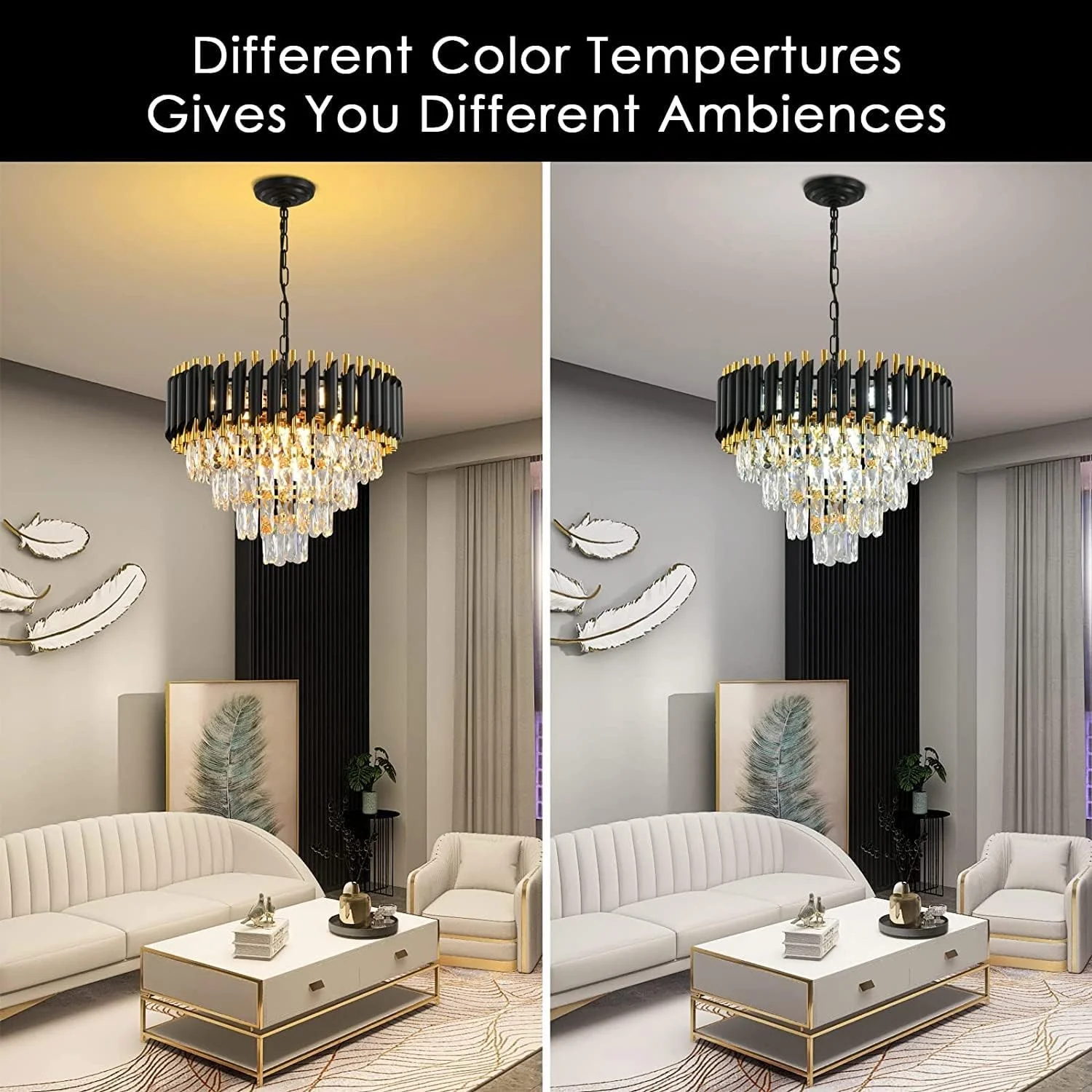 لوستر کریستالی طلایی مشکی مدرن SINOMAN، چراغ سقفی LED تزئینی برای سالن/اتاق نشیمن/اتاق خواب/ورودی/مراسم/عروسی/استراحتگاه/باشگاه (LED داخلی) (قطر: 20 اینچ)