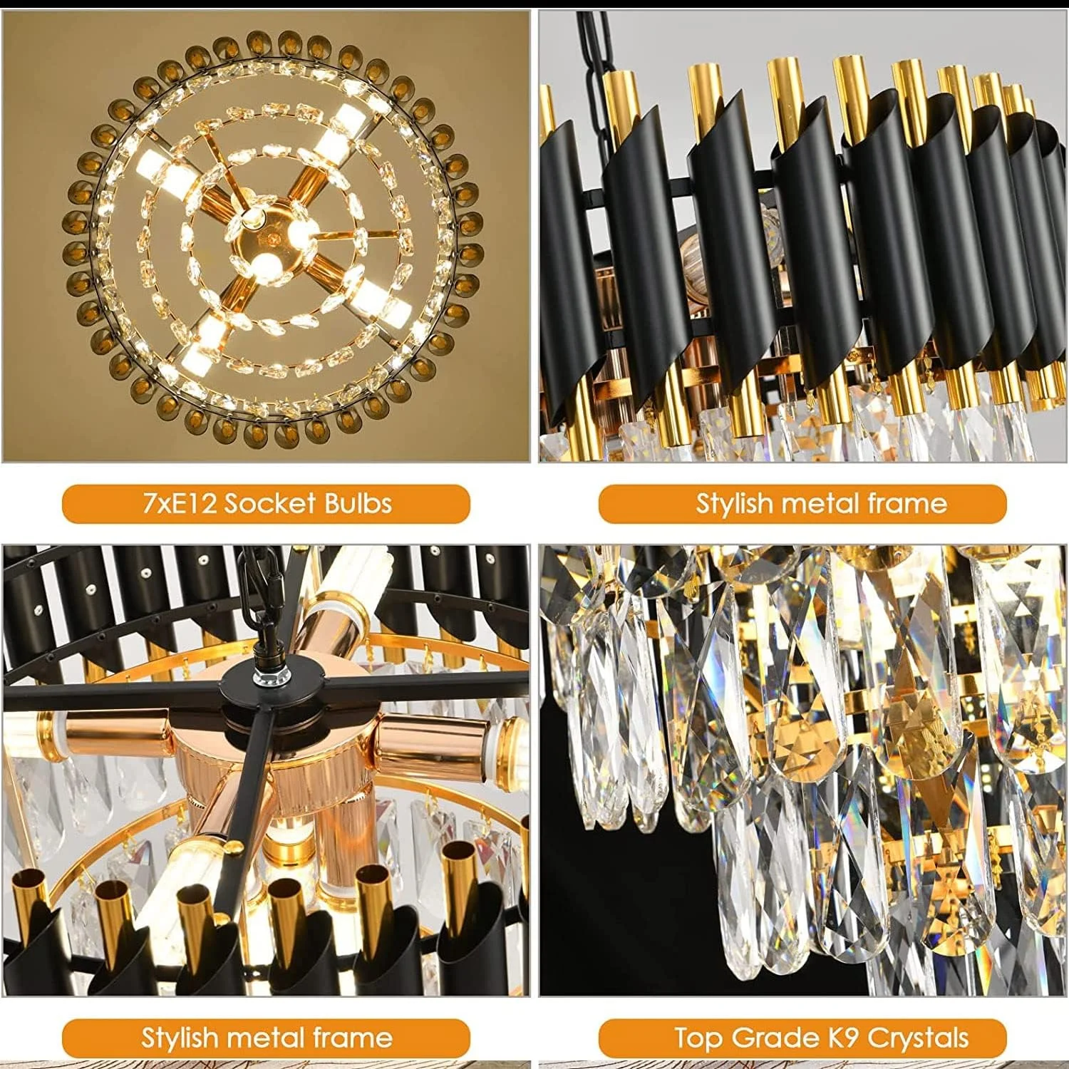 لوستر کریستالی طلایی مشکی مدرن SINOMAN، چراغ سقفی LED تزئینی برای سالن/اتاق نشیمن/اتاق خواب/ورودی/مراسم/عروسی/استراحتگاه/باشگاه (LED داخلی) (قطر: 20 اینچ)