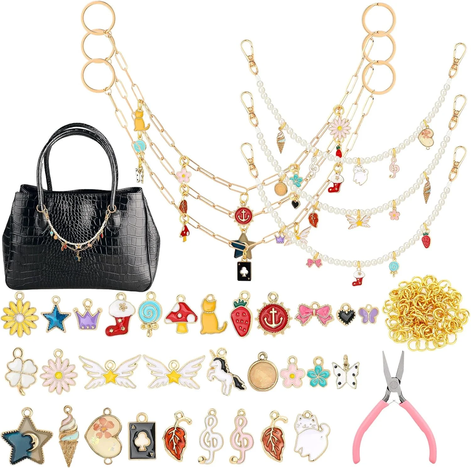 مجموعه 67 عددی ساخت زنجیر کیف توندیمو، زنجیرهای تزئینی کیف دستی DIY با آویزهای میناکاری رنگی، زنجیرهای مرواریدی، حلقه های اتصال و انبردست برای لوازم جانبی زنانه و ساخت جواهرات هدیه صنایع دستی