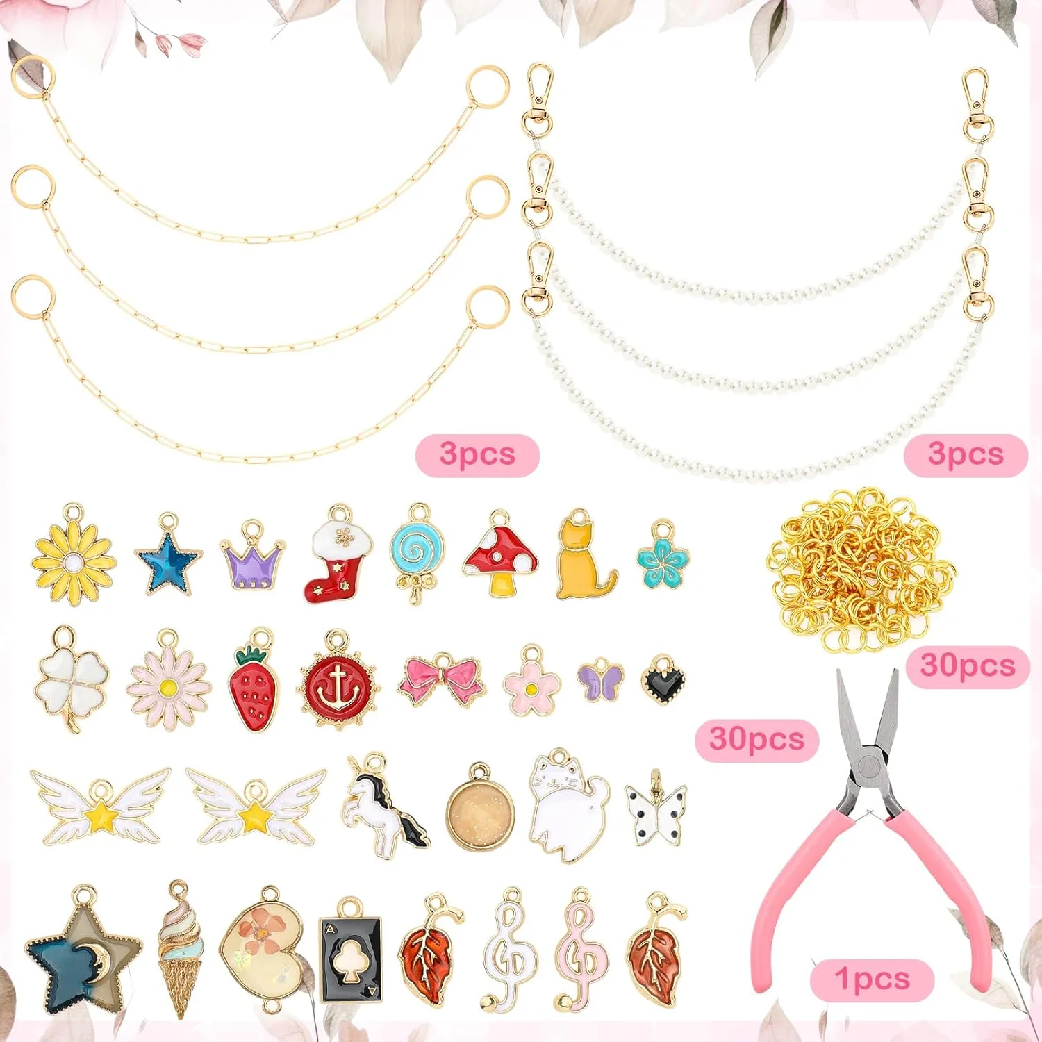 مجموعه 67 عددی ساخت زنجیر کیف توندیمو، زنجیرهای تزئینی کیف دستی DIY با آویزهای میناکاری رنگی، زنجیرهای مرواریدی، حلقه های اتصال و انبردست برای لوازم جانبی زنانه و ساخت جواهرات هدیه صنایع دستی