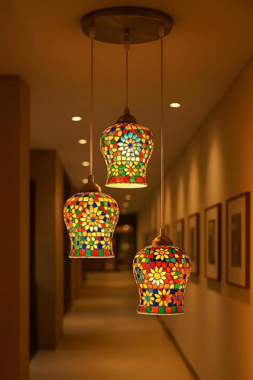 لوستر آویز سه شاخه شیشه ای موزاییکی چند رنگ: آویز سقفی تزئینی عتیقه با سرپیچ E27 و لامپ های 9 واتی، ظاهر سنتی دست ساز برای اتاق نشیمن یا غذاخوری
