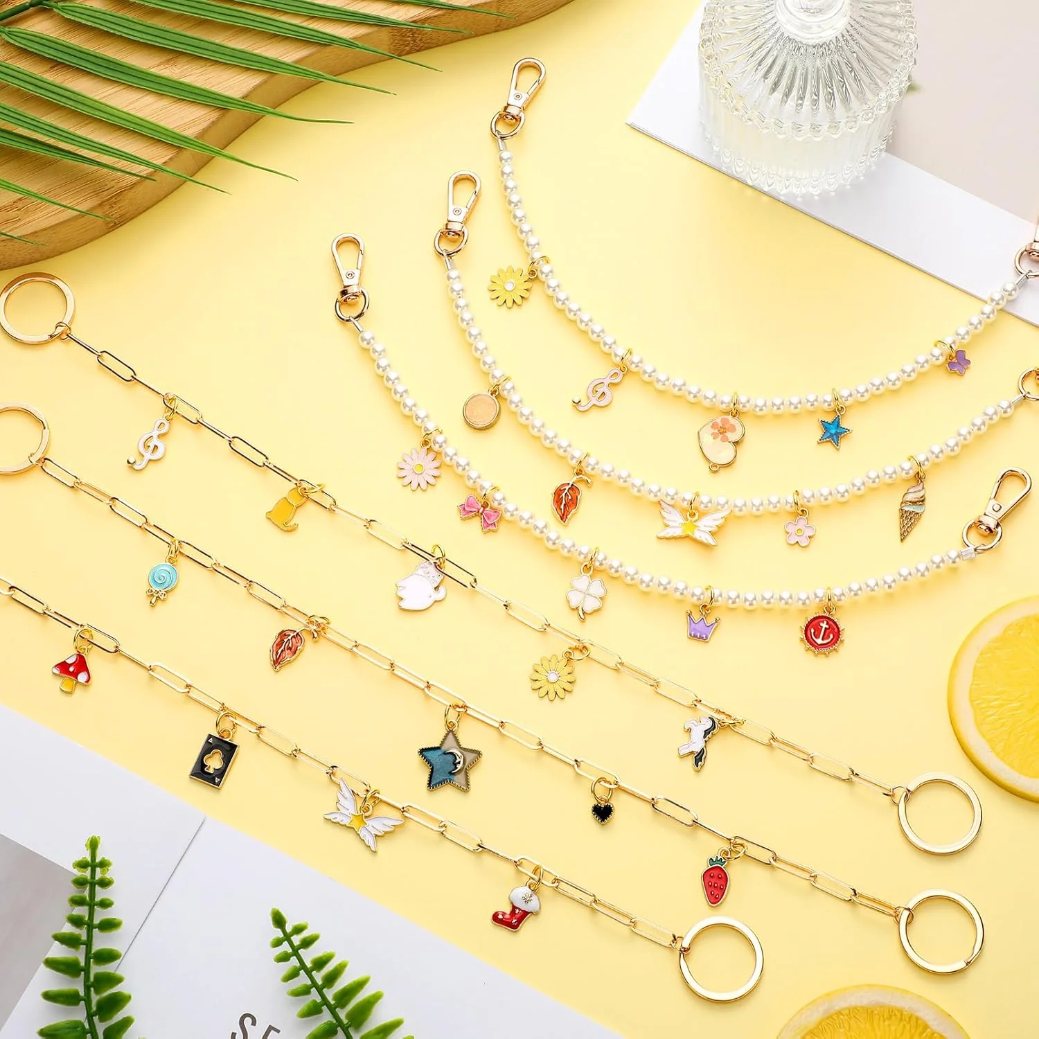 مجموعه 67 عددی ساخت زنجیر کیف توندیمو، زنجیرهای تزئینی کیف دستی DIY با آویزهای میناکاری رنگی، زنجیرهای مرواریدی، حلقه های اتصال و انبردست برای لوازم جانبی زنانه و ساخت جواهرات هدیه صنایع دستی