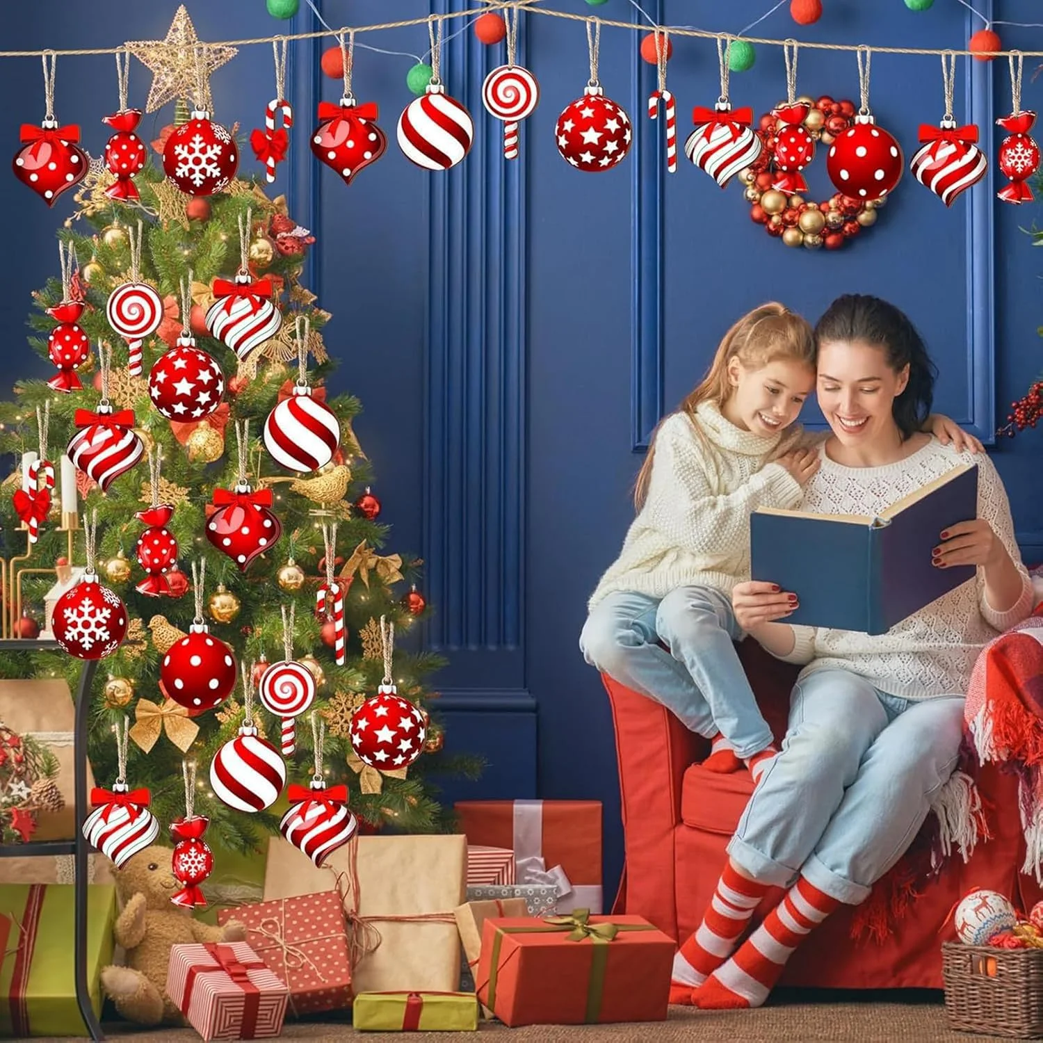 آویزهای تزئینی چوبی قرمز درخت کریسمس Yhjxly، بسته 24 عددی، زیورآلات چوبی کریسمس، آویز دانه برف برای تزئینات کریسمس، تگ هدیه