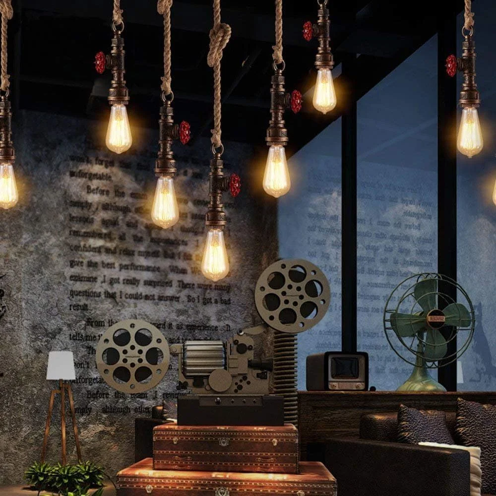 چراغ آویز تک شعله رترو ZHou با طناب، لوستر لوله آهنی، چراغ سقفی صنعتی E27 ادیسون، لوستر روشنایی تزئینی