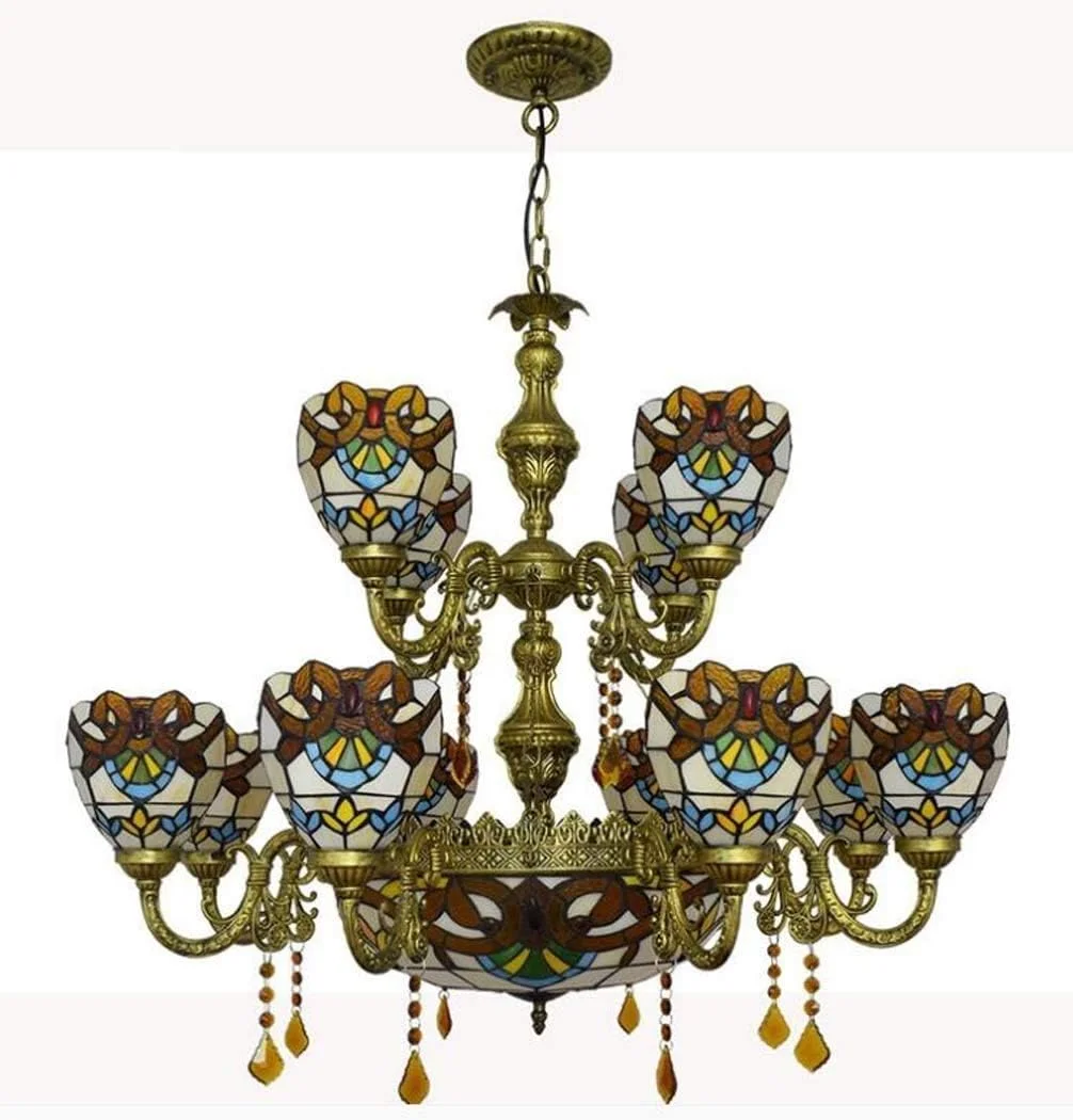 لوستر - چراغ آویز وینتیج، لوستر شیشه ای باروک اروپایی، بار، باشگاه، اتاق نشیمن، ویلا، دو لایه 12 شاخه، چراغ آویز تزئینی E27 بدون منبع نور