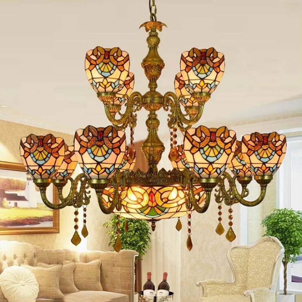 لوستر - چراغ آویز وینتیج، لوستر شیشه ای باروک اروپایی، بار، باشگاه، اتاق نشیمن، ویلا، دو لایه 12 شاخه، چراغ آویز تزئینی E27 بدون منبع نور