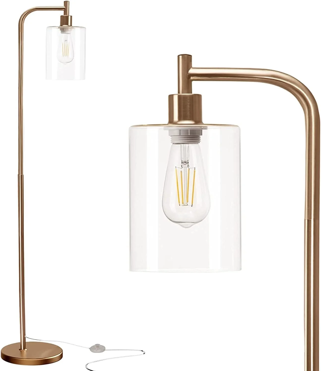 چراغ ایستاده ال ای دی فیروز، با آباژور شیشه ای آویز و لامپ ال ای دی برای اتاق خواب و نشیمن، چراغ پایه بلند مدرن صنعتی برای دفتر (طلایی)