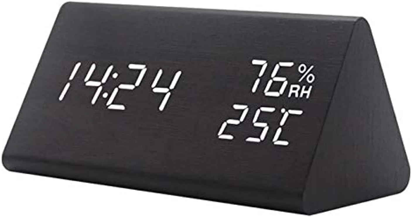 ساعت زنگ دار دیجیتال AMERTEER با صفحه نمایش LED، با باتری کار می کند، ساعت با 3 زنگ هشدار، تاریخ، دما و رطوبت، چراغ شب، عملکرد آسان، ساعت مدرن برای اتاق خواب، خانه، کودکان (مشکی)