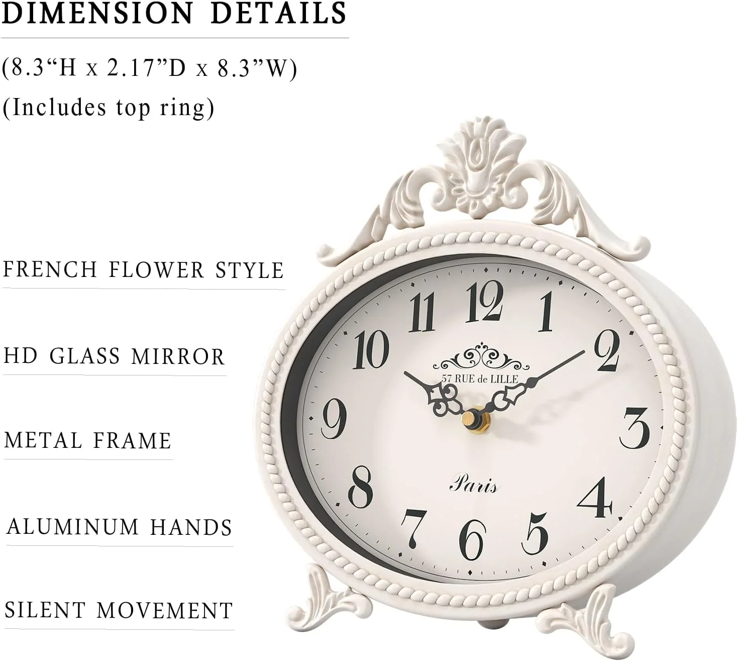 ساعت رومیزی عتیقه آبدوری با پایه، ساعت تزئینی برای میز و قفسه، ساعت شومینه به سبک روستایی فرانسوی، قاب فلزی با روکش سفید عتیقه، مناسب برای خانه های روستایی، اتاق خواب، کنار تخت، اتاق نشیمن، ساعت هدیه