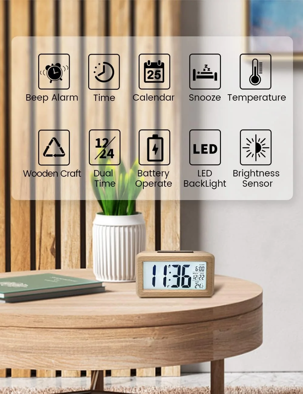 ساعت زنگ دار دیجیتال چوبی aboveClock، ساعت دیجیتال LED بدون صدا با نمایشگر تاریخ، دما، حالت تعویق (Snooze)، با باتری کار می کند (نیاز به 3 عدد باتری AAA)