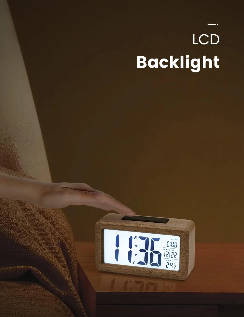 ساعت زنگ دار دیجیتال چوبی aboveClock، ساعت دیجیتال LED بدون صدا با نمایشگر تاریخ، دما، حالت تعویق (Snooze)، با باتری کار می کند (نیاز به 3 عدد باتری AAA)