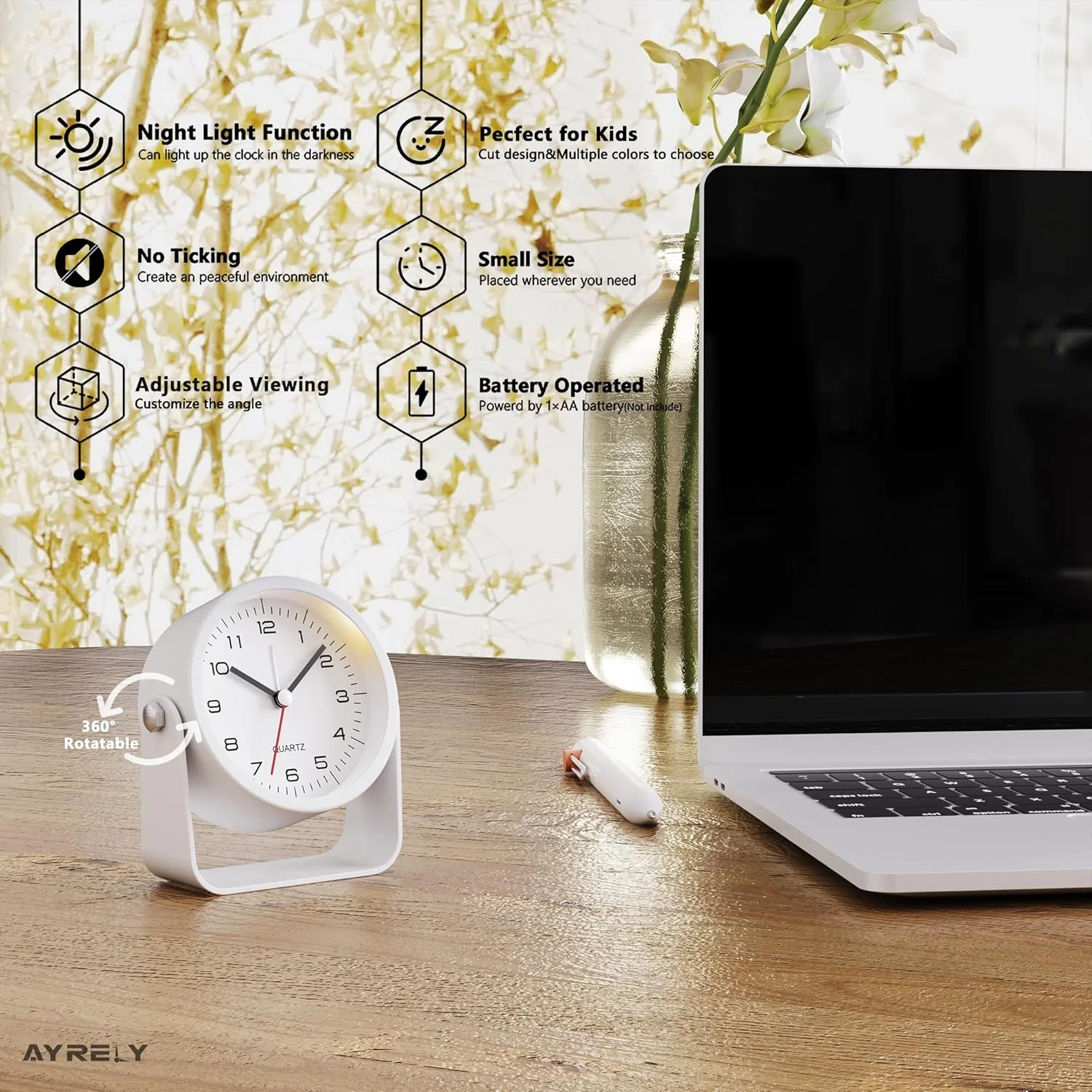 ساعت زنگ دار آنالوگ کوچک 3.5 اینچی، ساعت رومیزی با باتری، ساعت رومیزی زیبا با نور، زاویه قابل تنظیم برای مسافرت، کنار تخت، اتاق خواب، دکوراسیون اتاق نشیمن (سفید)