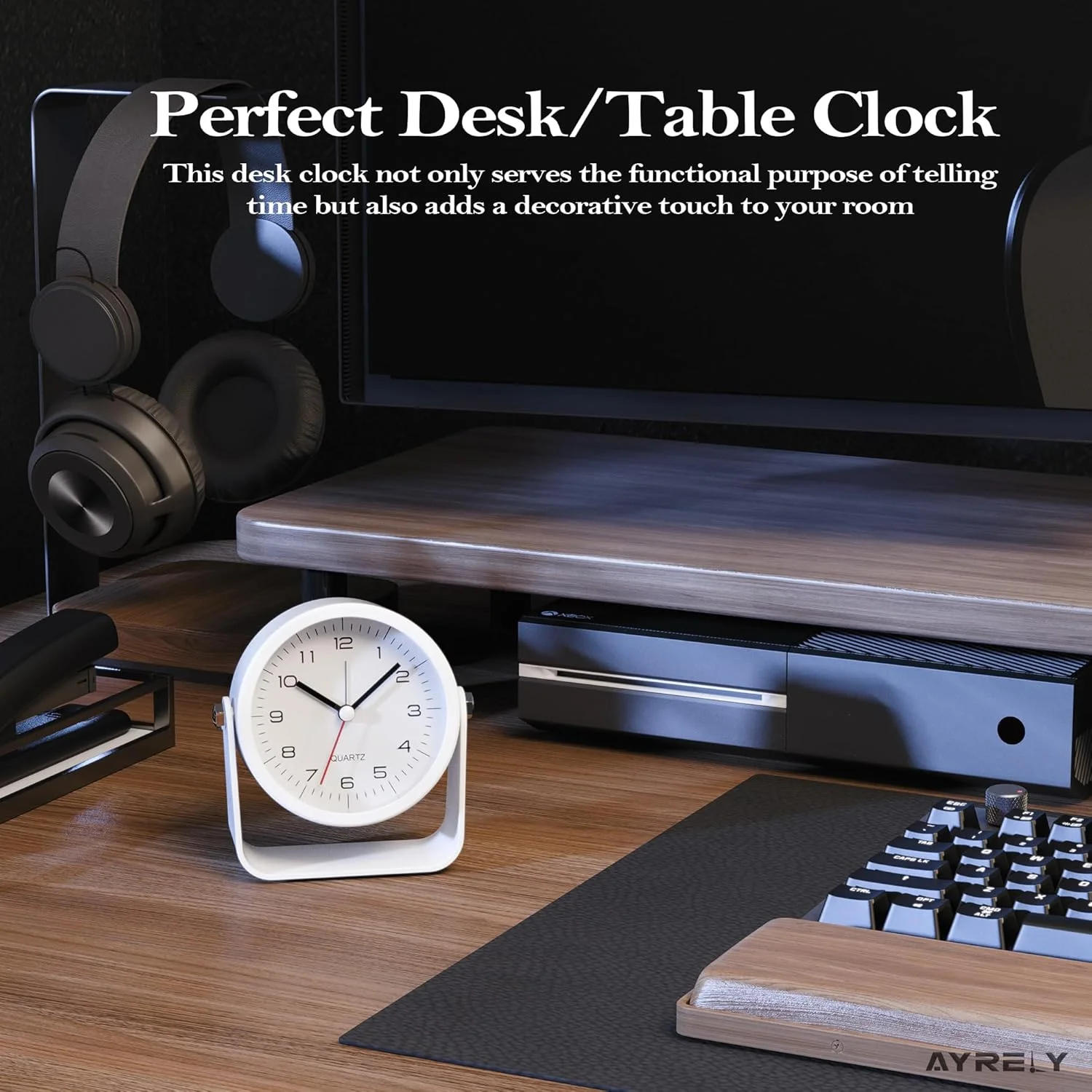 ساعت زنگ دار آنالوگ کوچک 3.5 اینچی، ساعت رومیزی با باتری، ساعت رومیزی زیبا با نور، زاویه قابل تنظیم برای مسافرت، کنار تخت، اتاق خواب، دکوراسیون اتاق نشیمن (سفید)