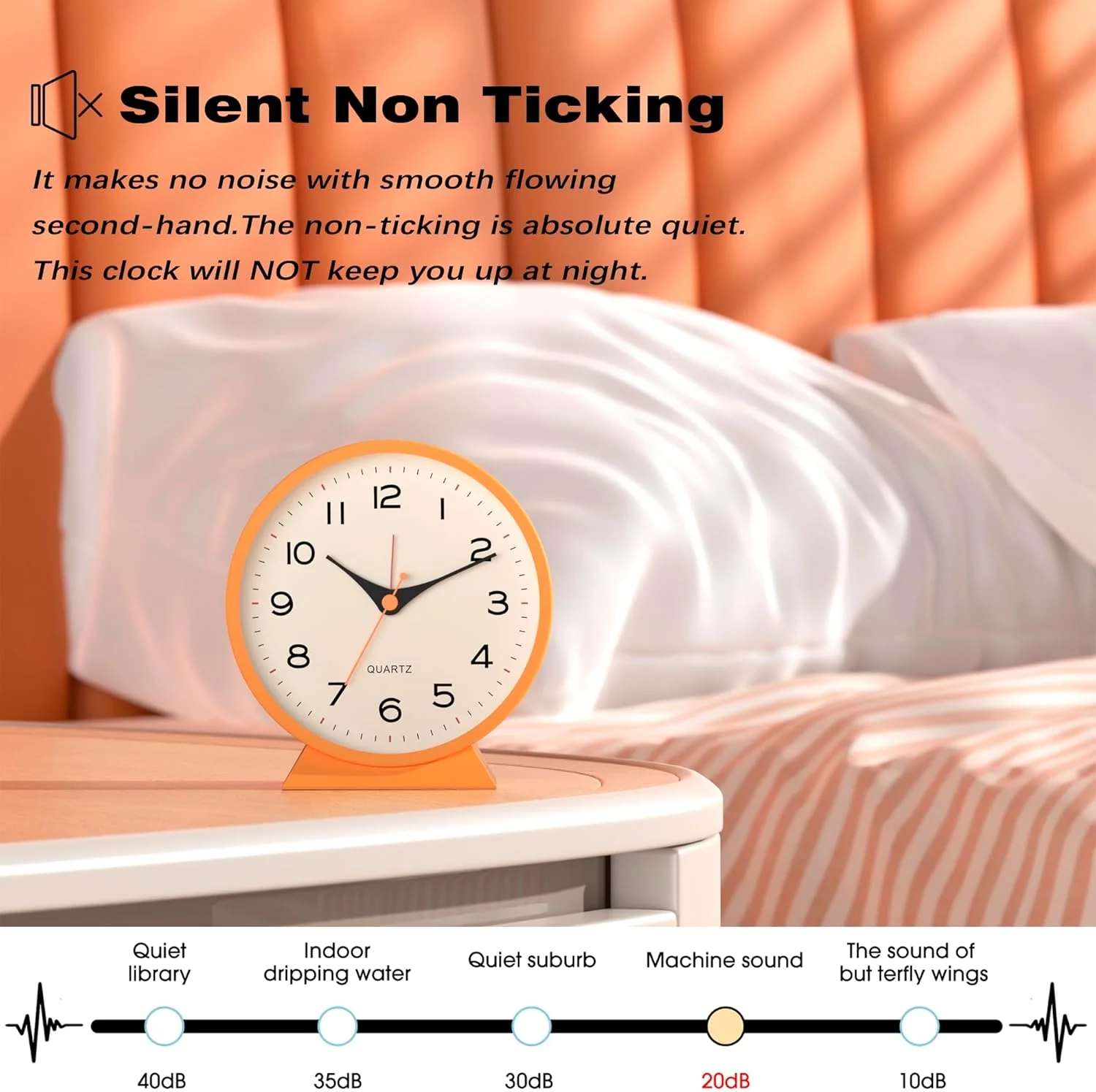 ساعت زنگ دار آنالوگ Azonee، ساعت رومیزی پایه مناسب اتاق خواب، ساعت های رومیزی کوچک، ساعت رومیزی فلزی بی صدا با نور برای دکور اتاق نشیمن، اتاق خواب، کنار تخت، قفسه (نارنجی)