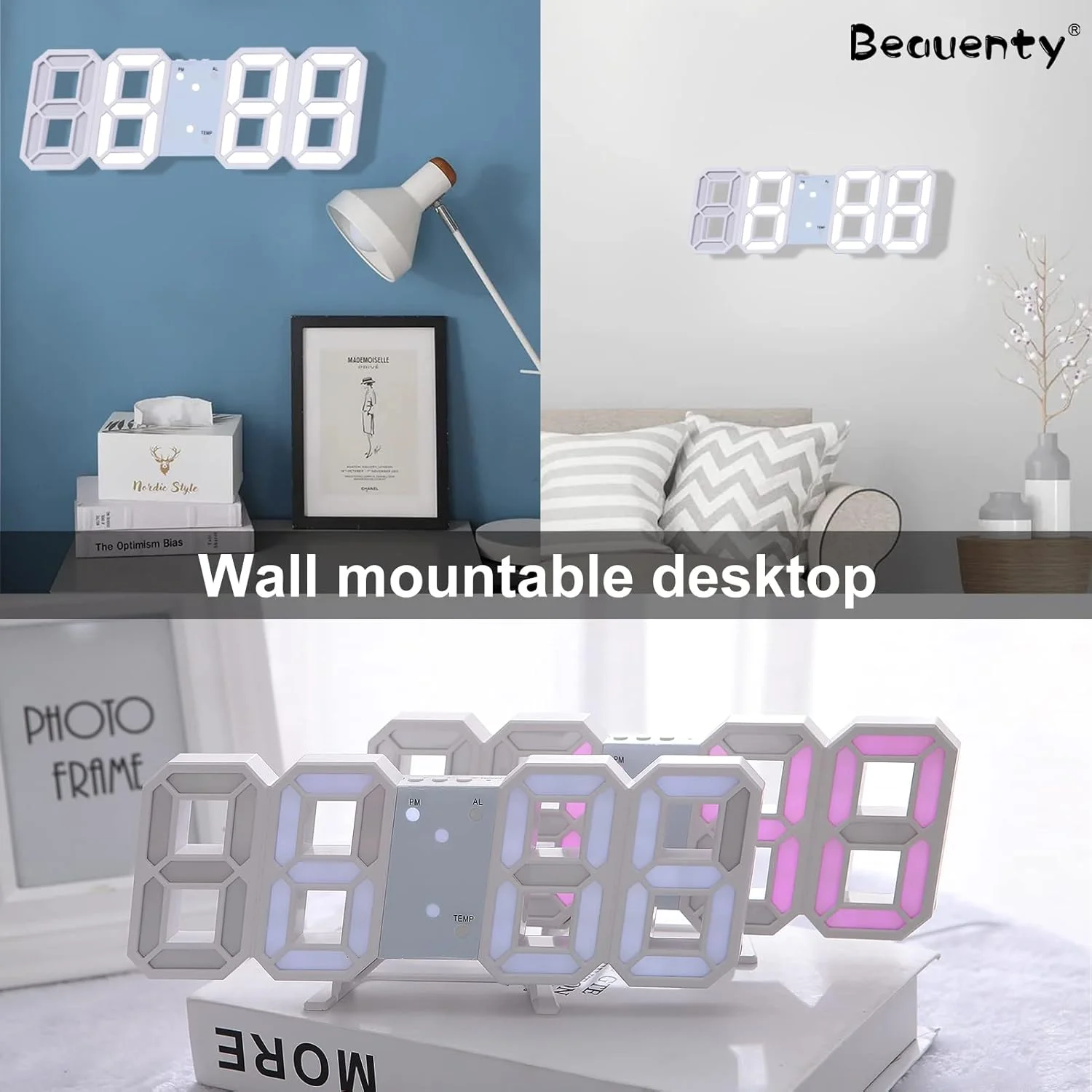 ساعت رومیزی/دیواری دیجیتال LED سه بعدی Beauenty، ساعت چند منظوره با نمایشگر دما و قابلیت تنظیم روشنایی، مناسب اتاق خواب، اداره و منزل (سفید) ساعت رومیزی/دیواری دیجیتال LED سه بعدی Beauenty، ساعت چند منظوره با نمایشگر دما و قابلیت تنظیم روشنایی، مناسب اتاق خواب، اداره و منزل (سفید)